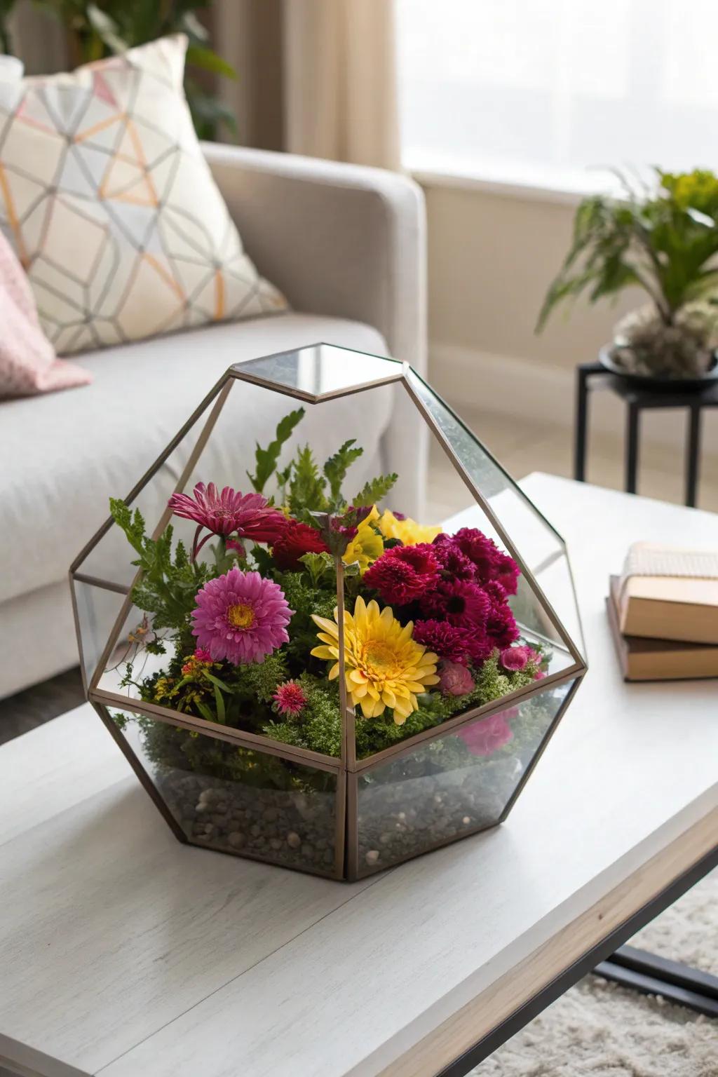 Angular glass terrariums: ideal for a modern floral presentation.