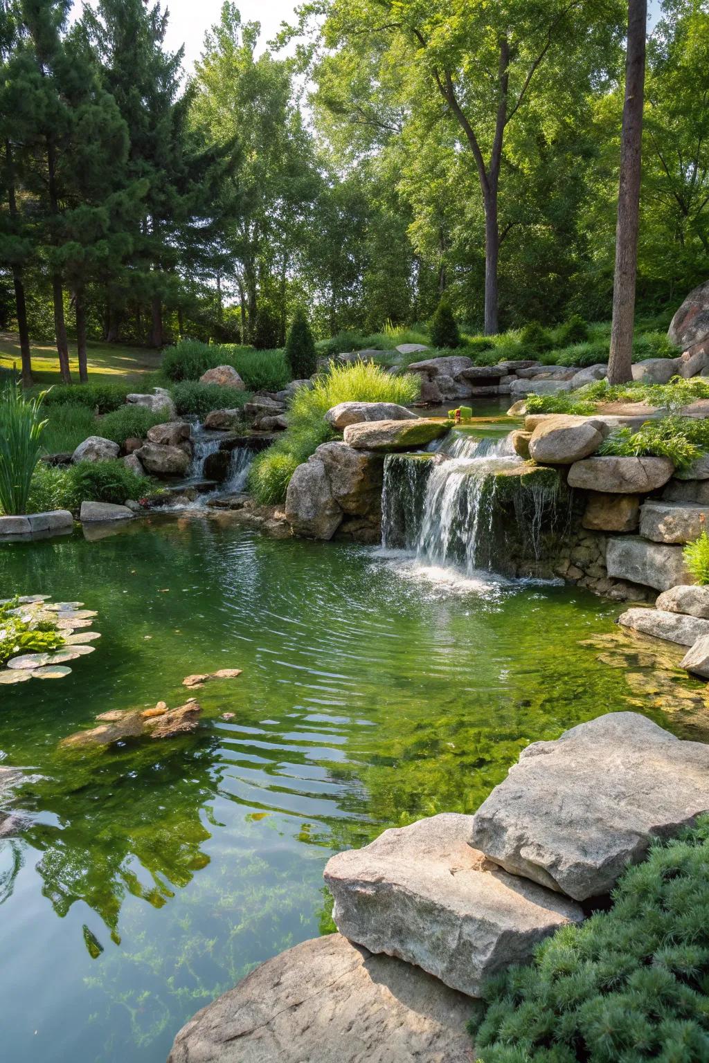 A serene water feature that elevates the garden's natural beauty.