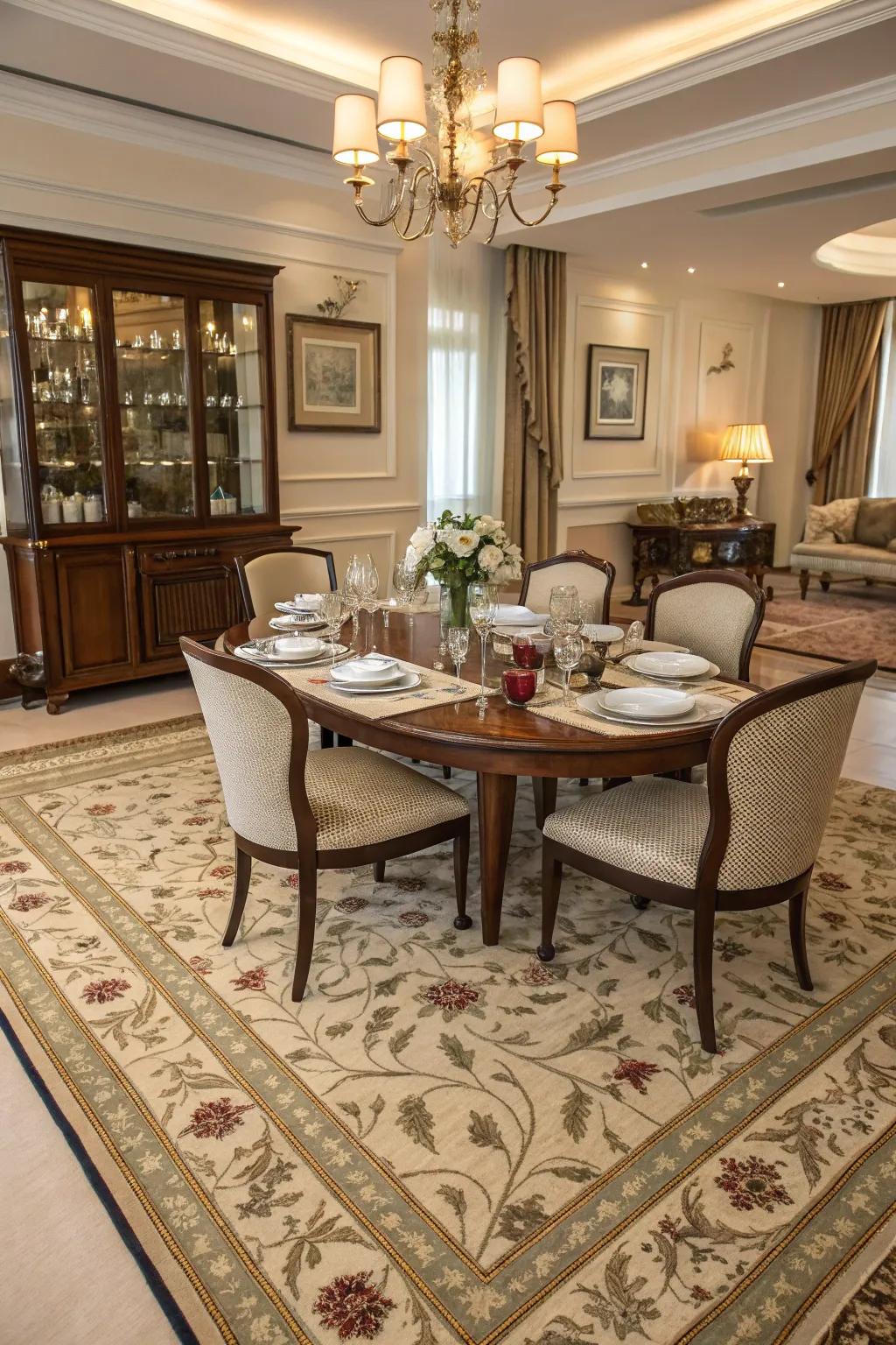 A carefully chosen carpet can warm and define your dining area.