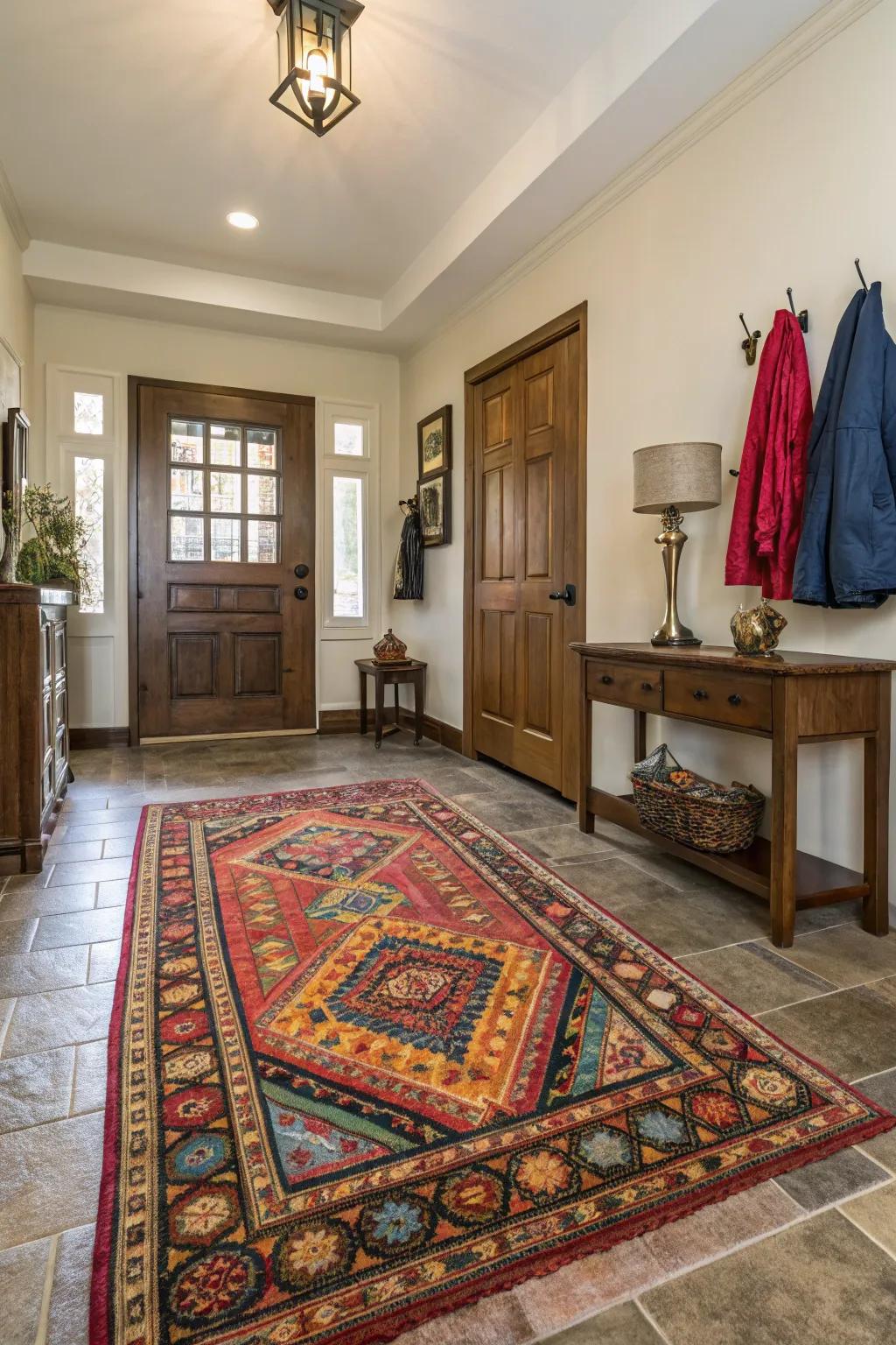 A well-selected rug can act as a focal point in a foyer, adding comfort and design.