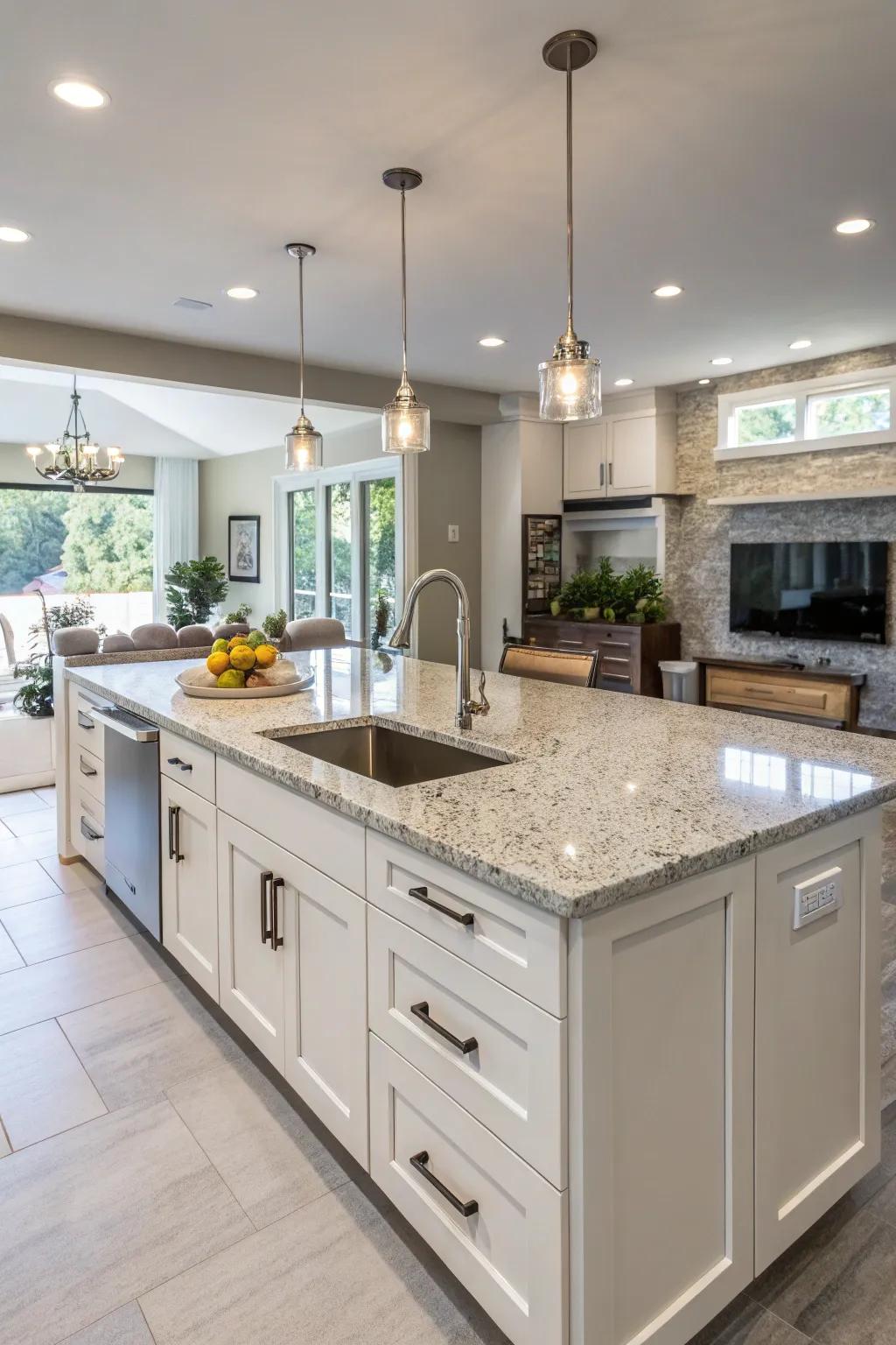 A practical kitchen island featuring an integrated freestanding sink.