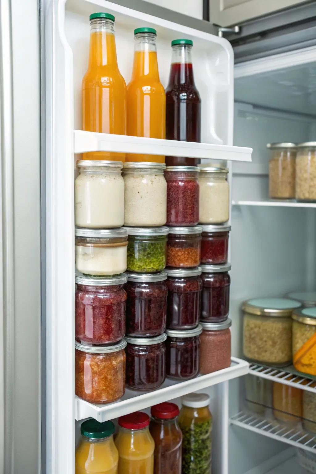 Vertical arrangement of bottles and jars to maximize space efficiency.