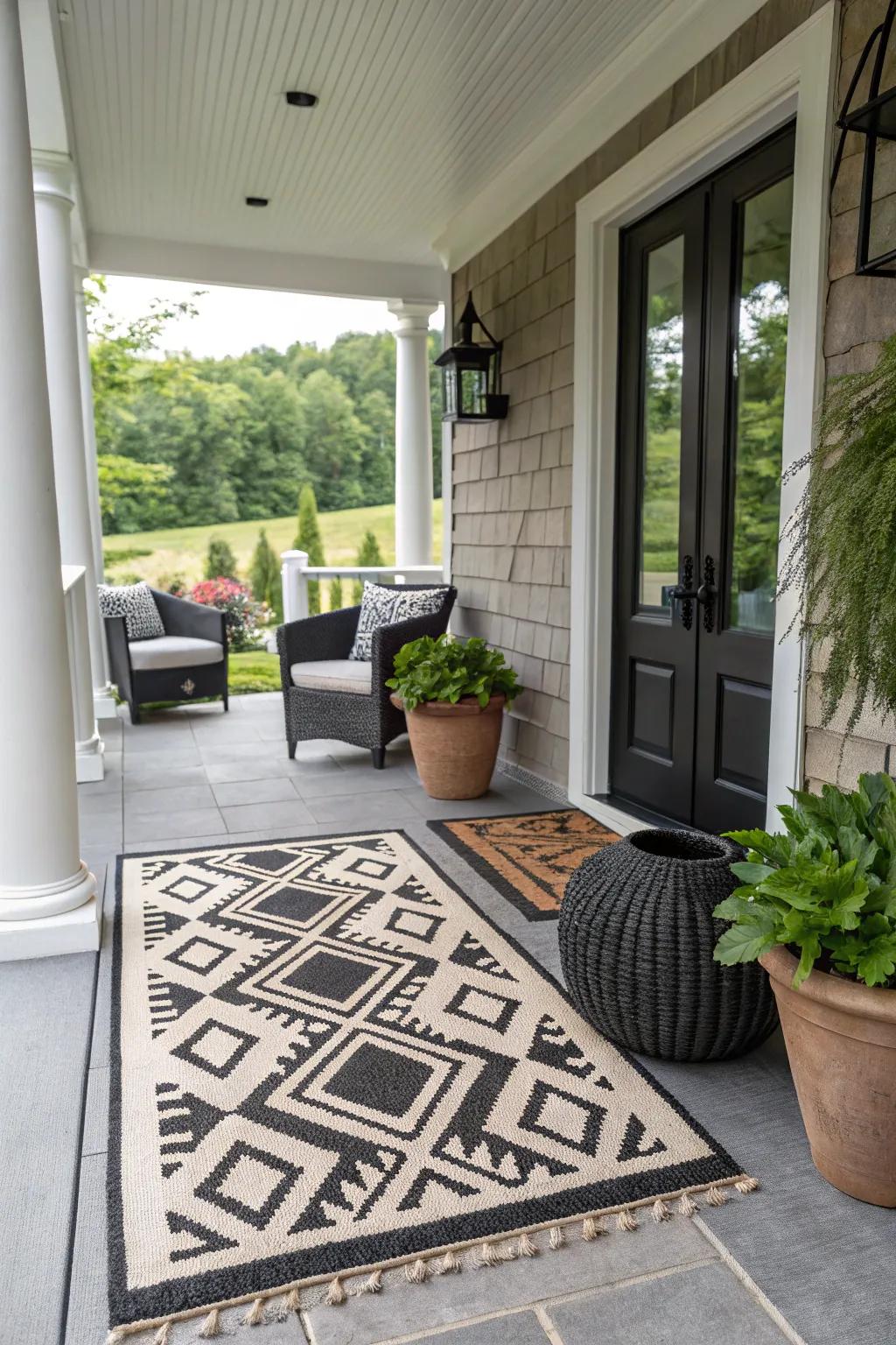 A striking patterned doormat featuring geometric designs.