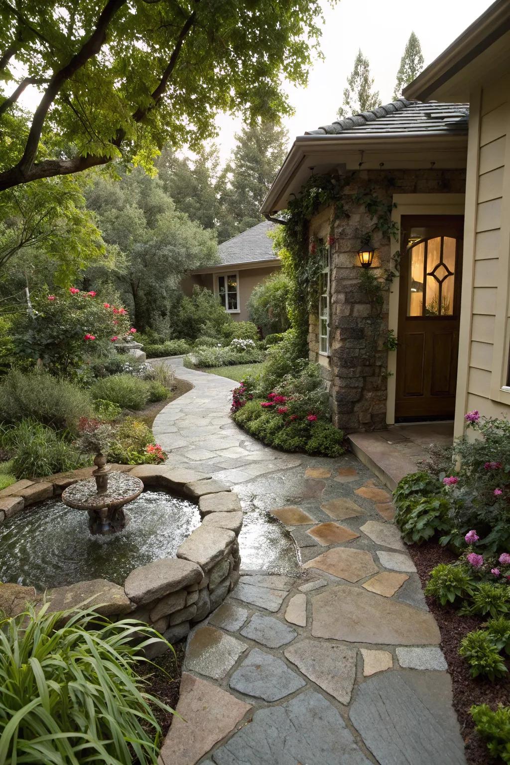 Inherent stone pavers for a graceful and grounded entryway.