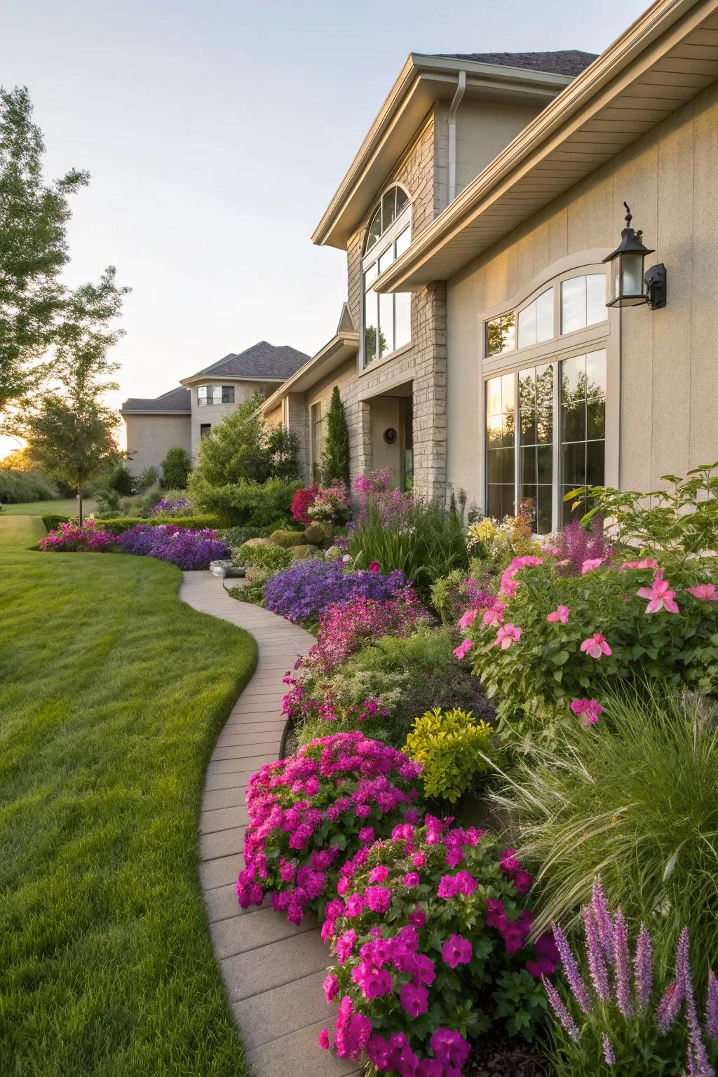 Plants with coordinated colors emphasize a home's exterior
