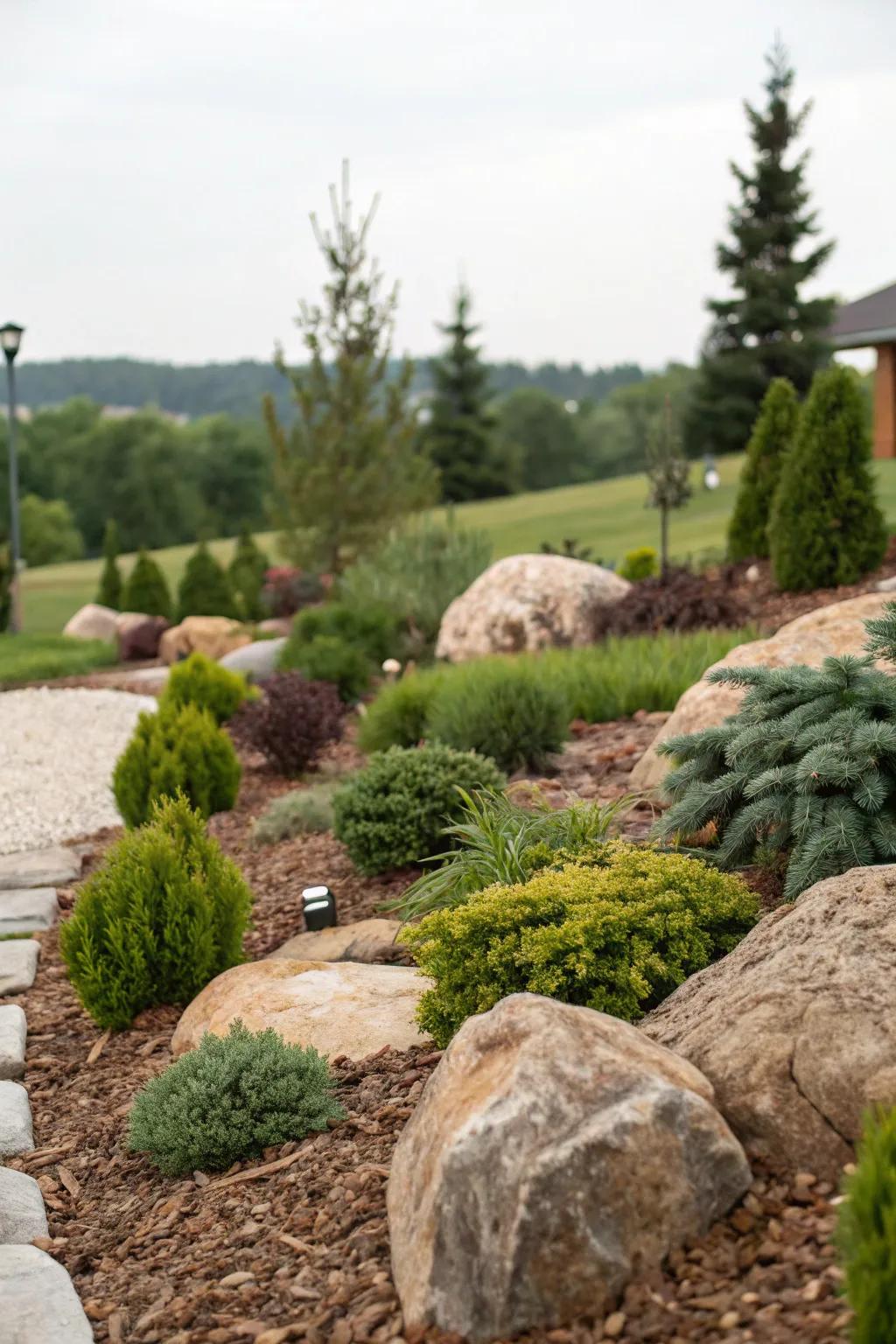 A landscaped garden featuring stones and organic ground cover for enhanced texture.