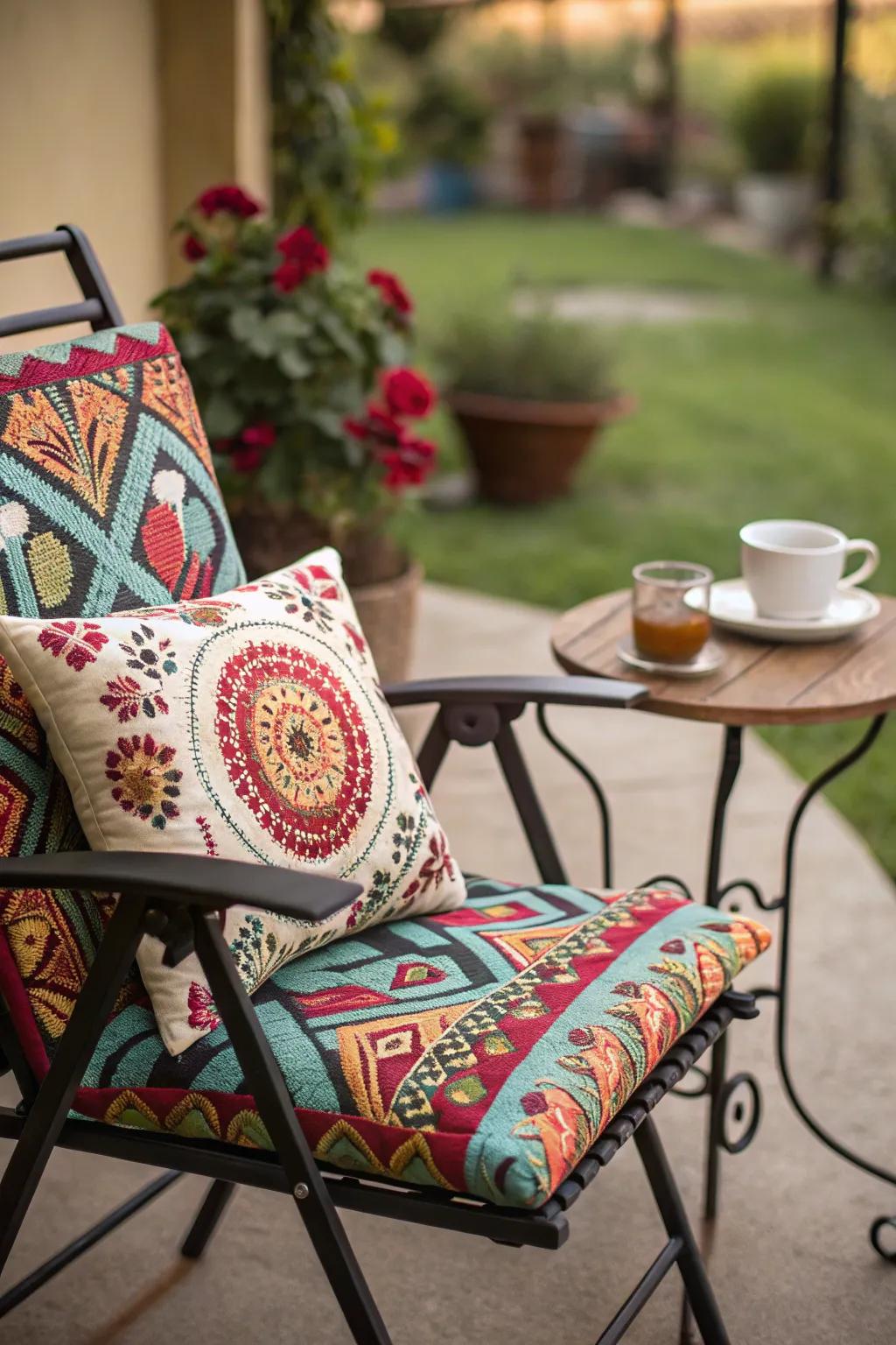 Striking pillows bring character and coziness to outdoor furniture.