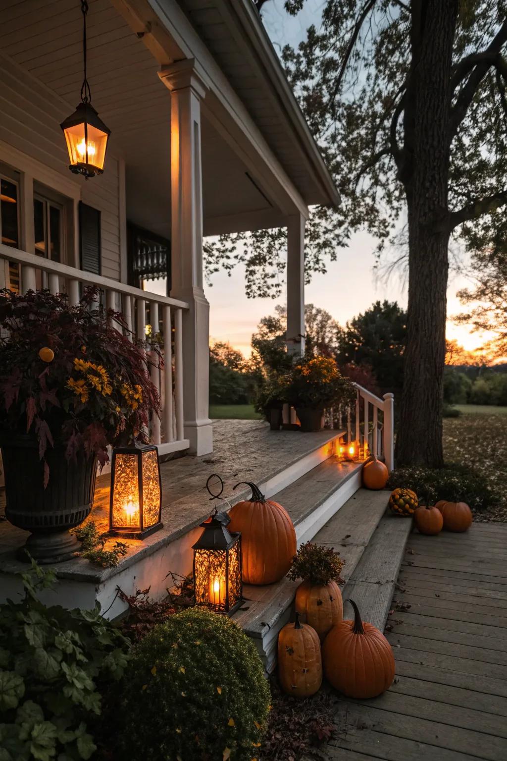 Lamps introduce a cozy glow to the porch.