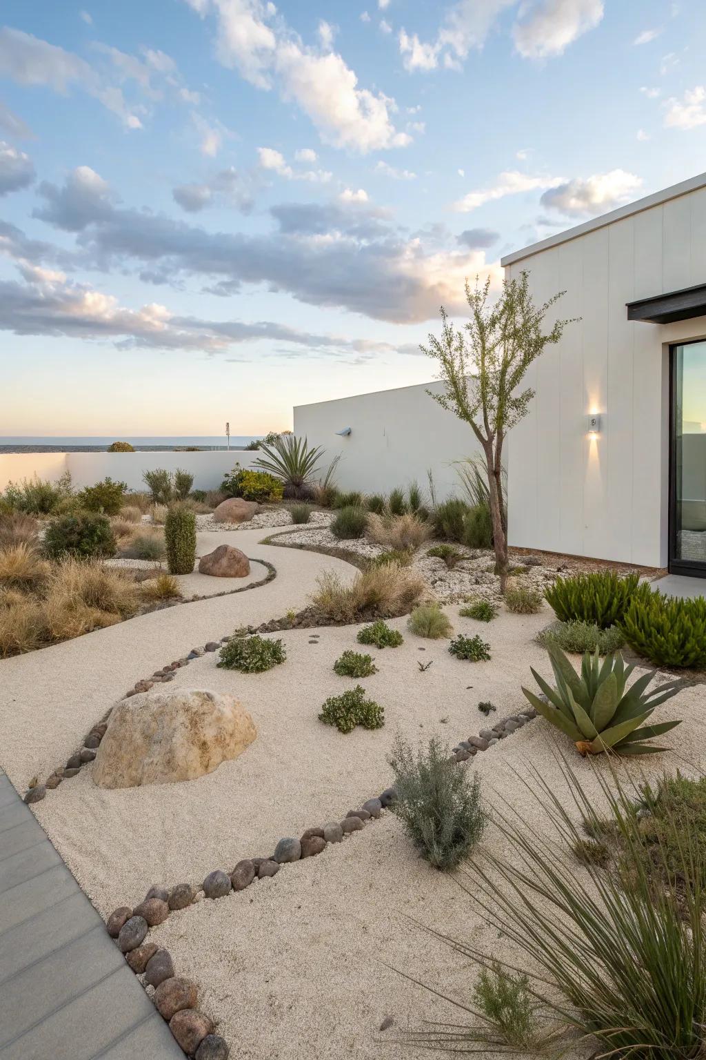 Sand features deliver a peaceful, minimalist vibe.