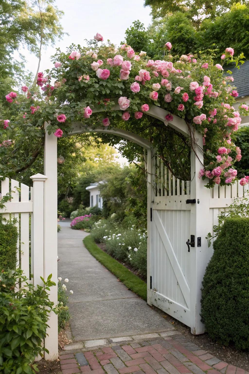 An inviting arbor over the driveway gate introduces a touch of romance and charm.