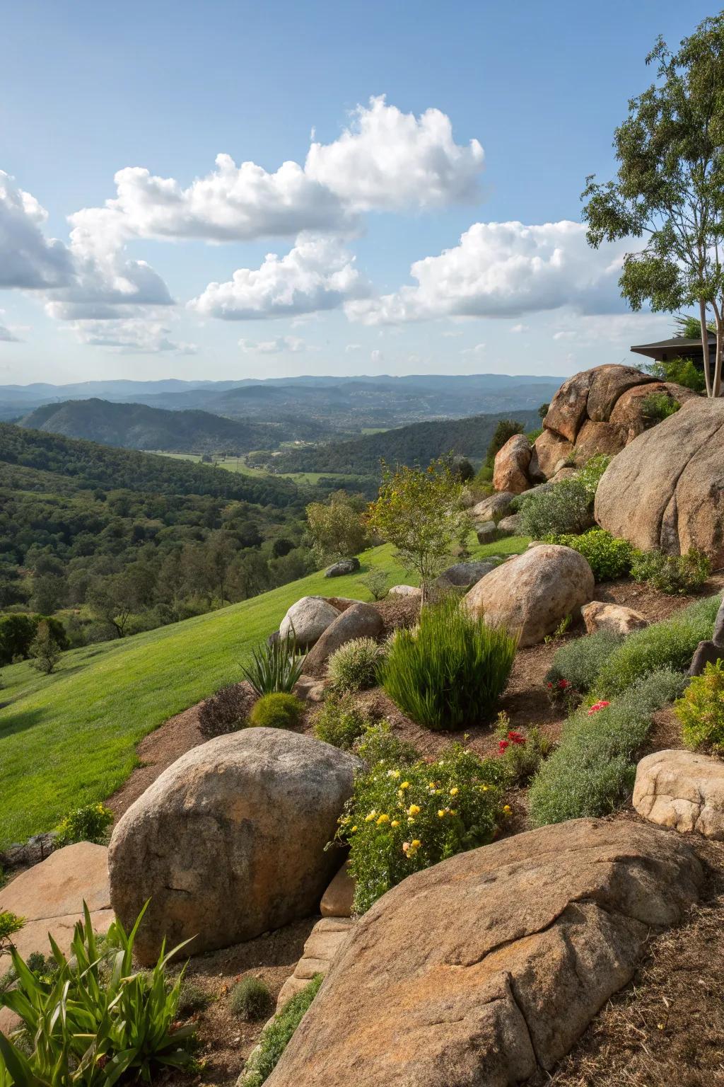 Natural accents offer both structural integrity and visual allure to your slope.