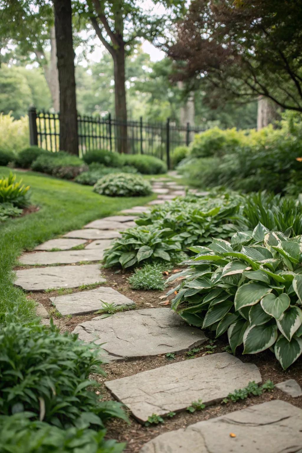 Stone walkways contribute elegance and structure to shadeleaf gardens.