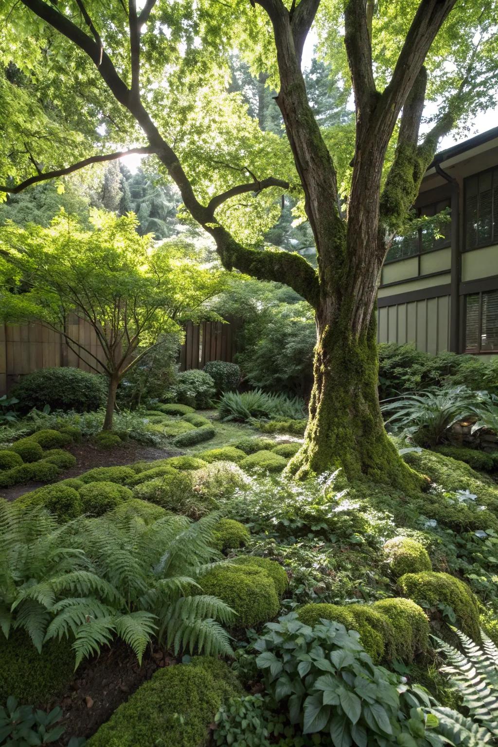 Ground cover plants present a verdant and straightforward option for landscaping around trees.