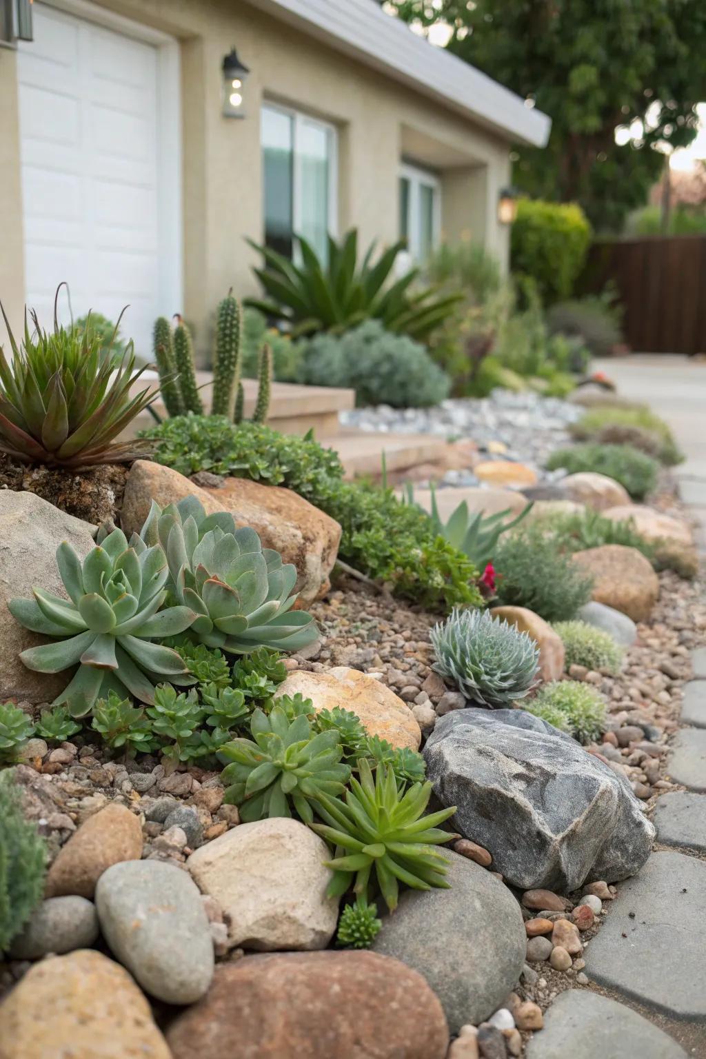 A rock garden featuring succulents and stones, crafting a landscape that needs minimal upkeep.