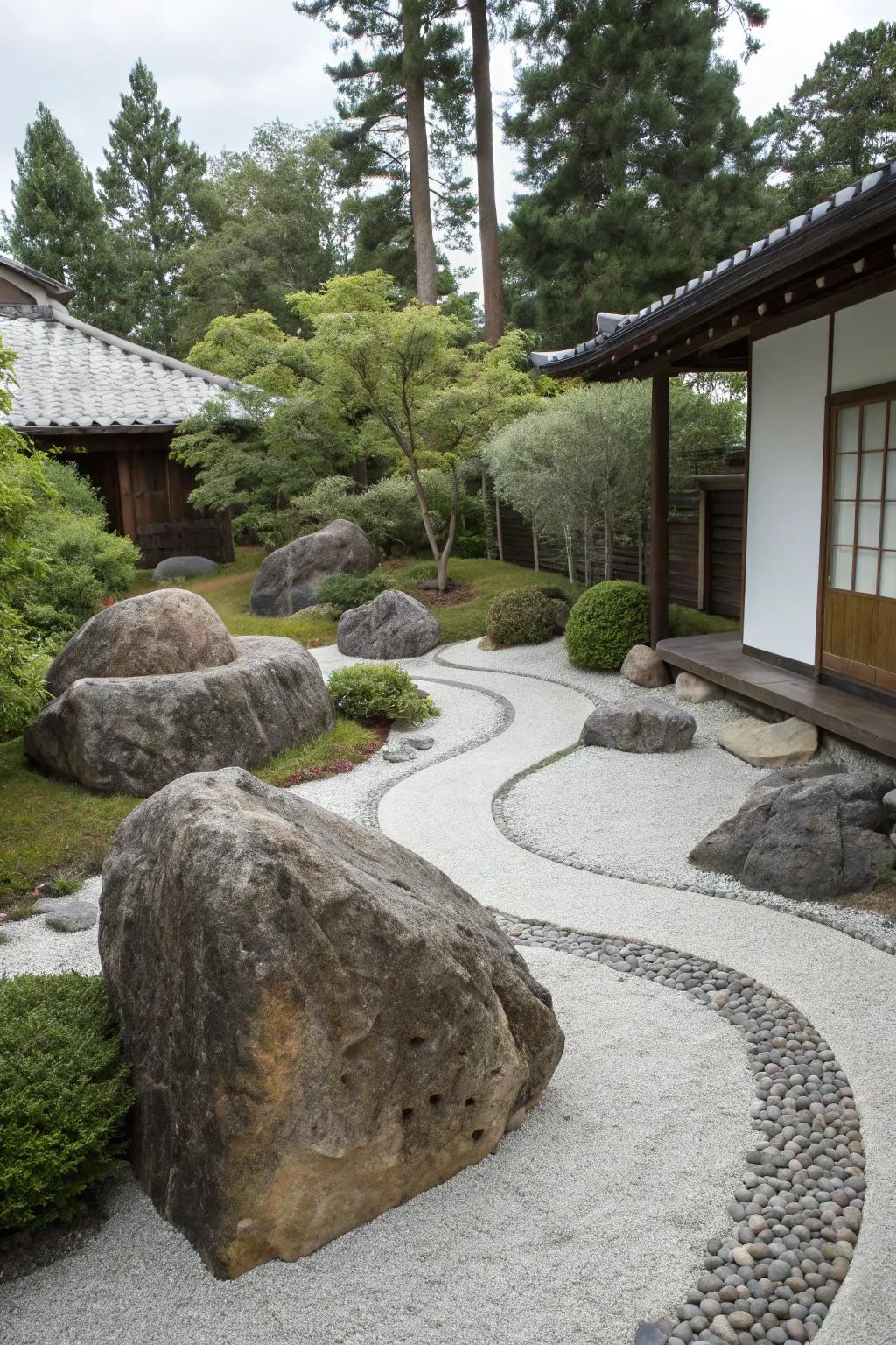 A basic yet striking modern front garden featuring stones.