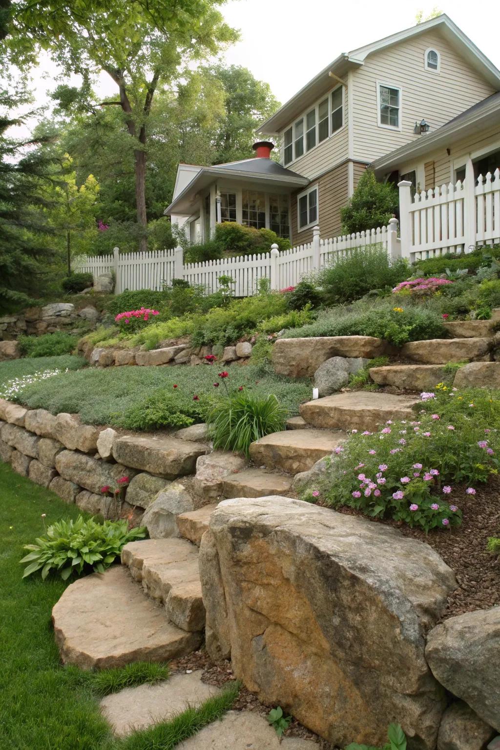 Infuse magnitude into your yard through layered gardens employing massive stones.