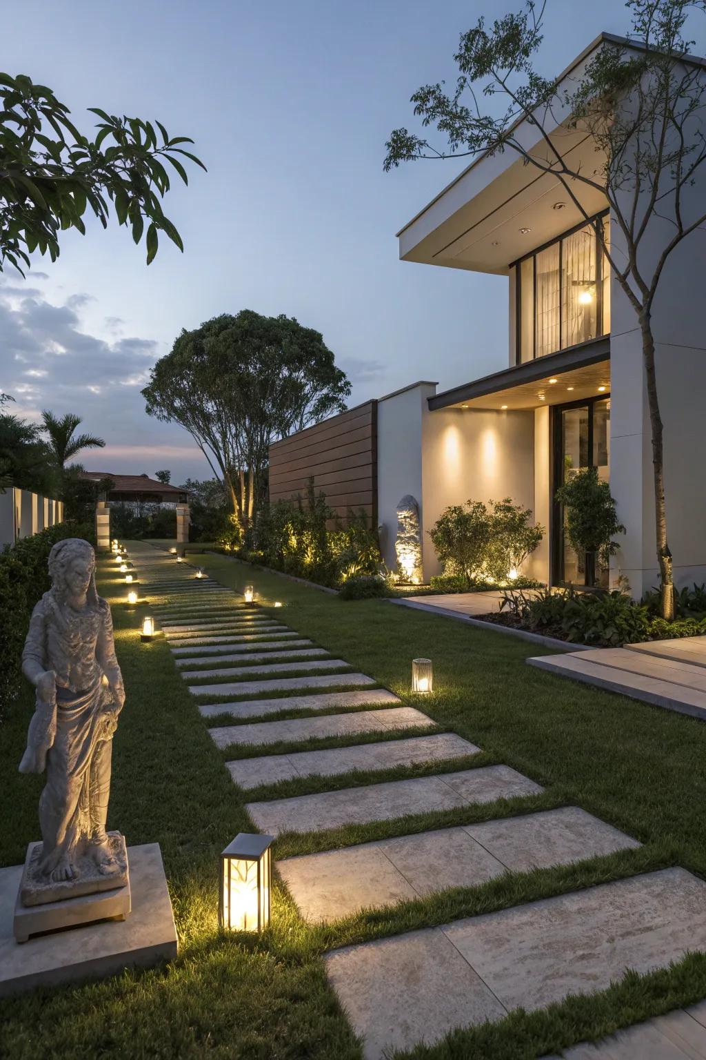 Understated lighting effects emphasize architectural details and pathways.