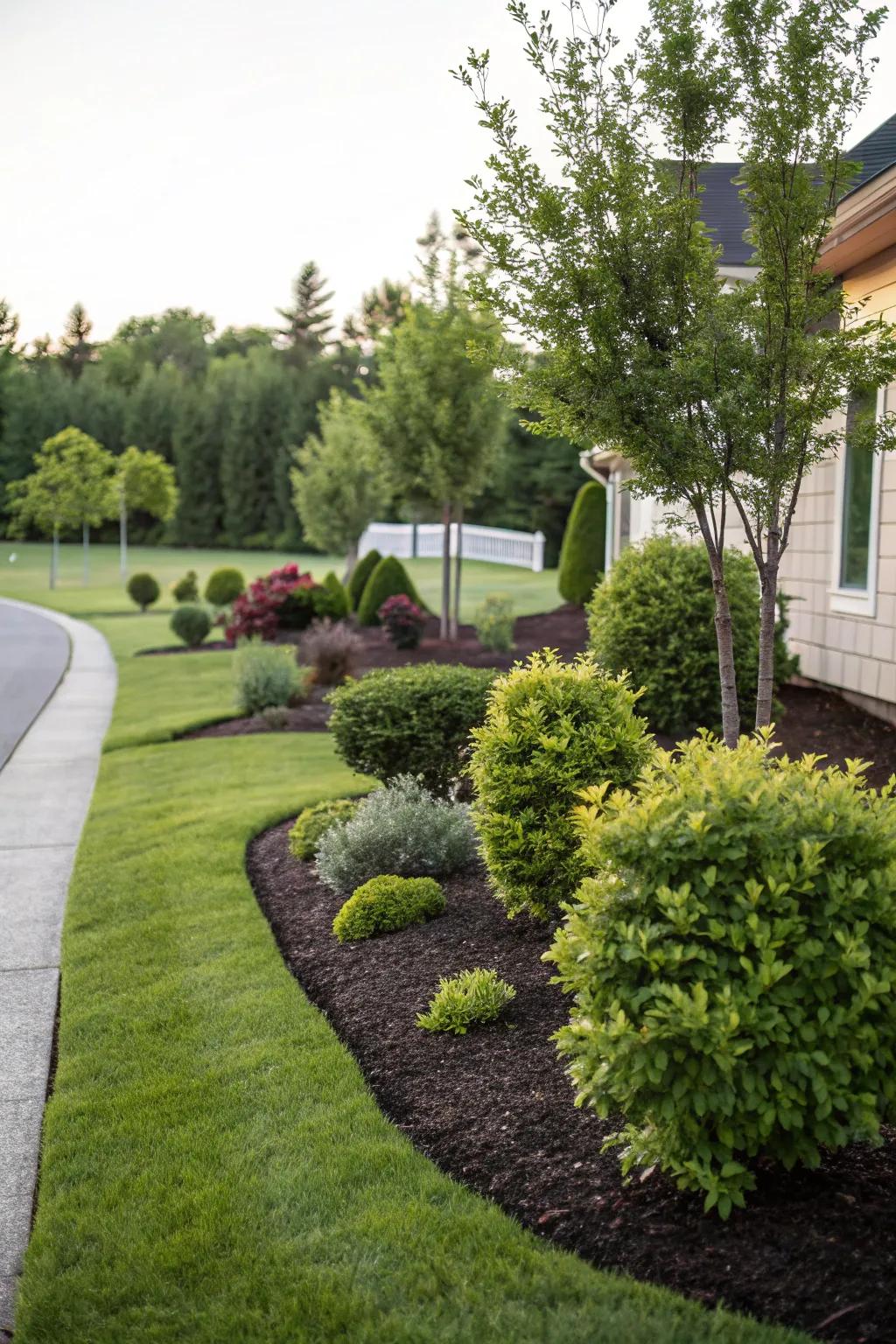 Mulch beds adorned with bushes bestow a naturally groomed visage upon your front garden.