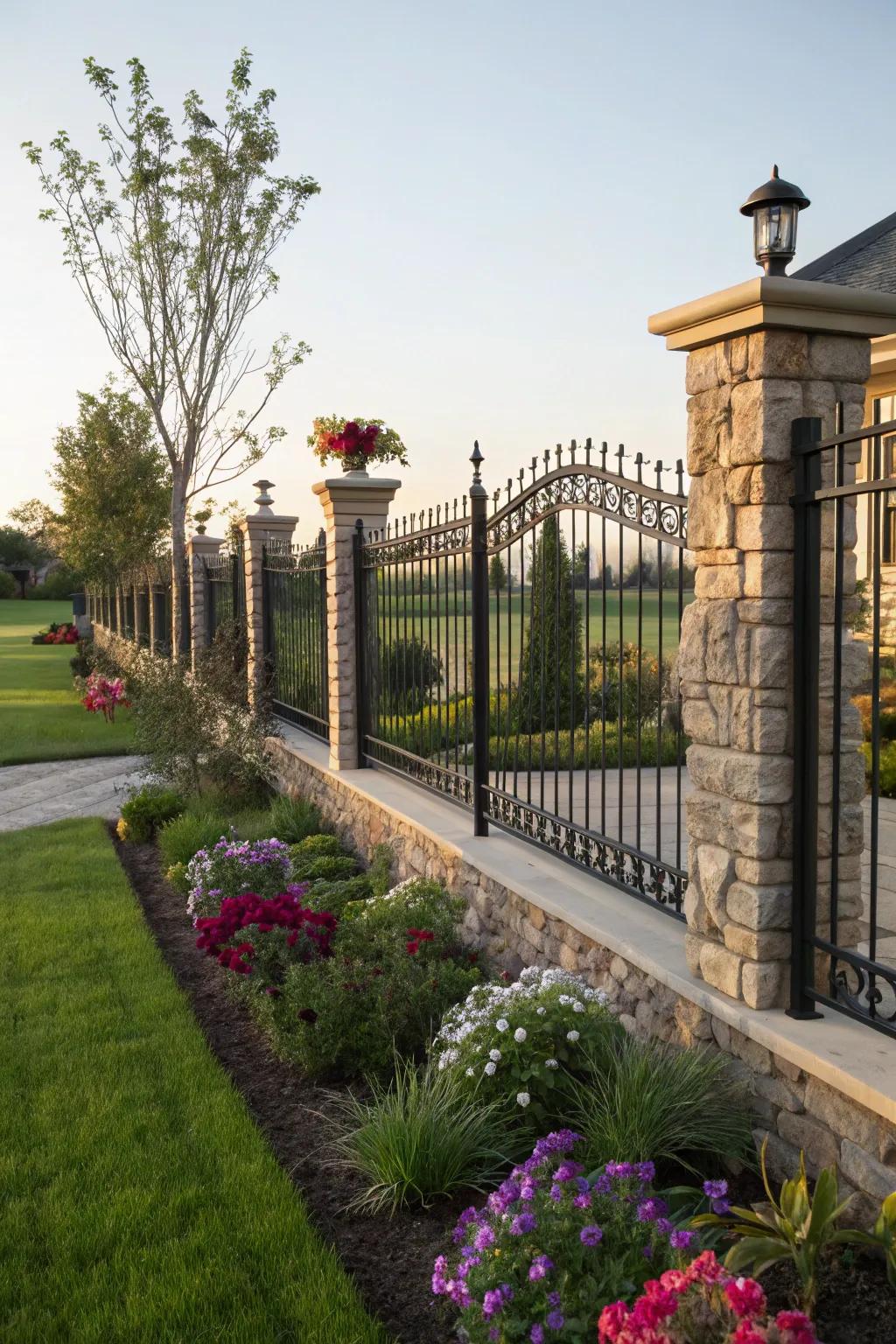 A decorative metal fence combined with stone pillars for a timeless appearance.
