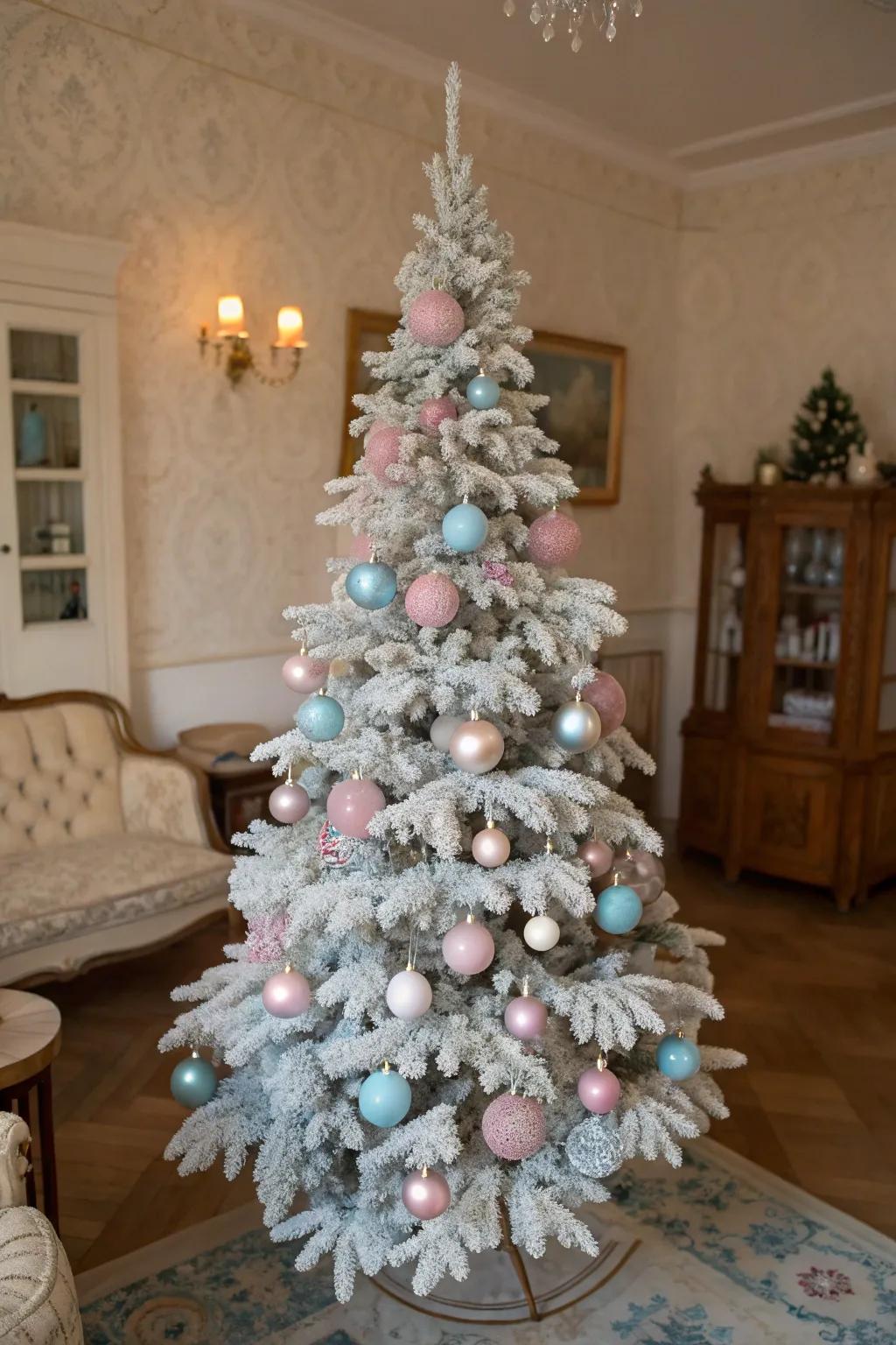 Subtle hues contribute a vintage elegance to this snow-kissed Christmas tree.