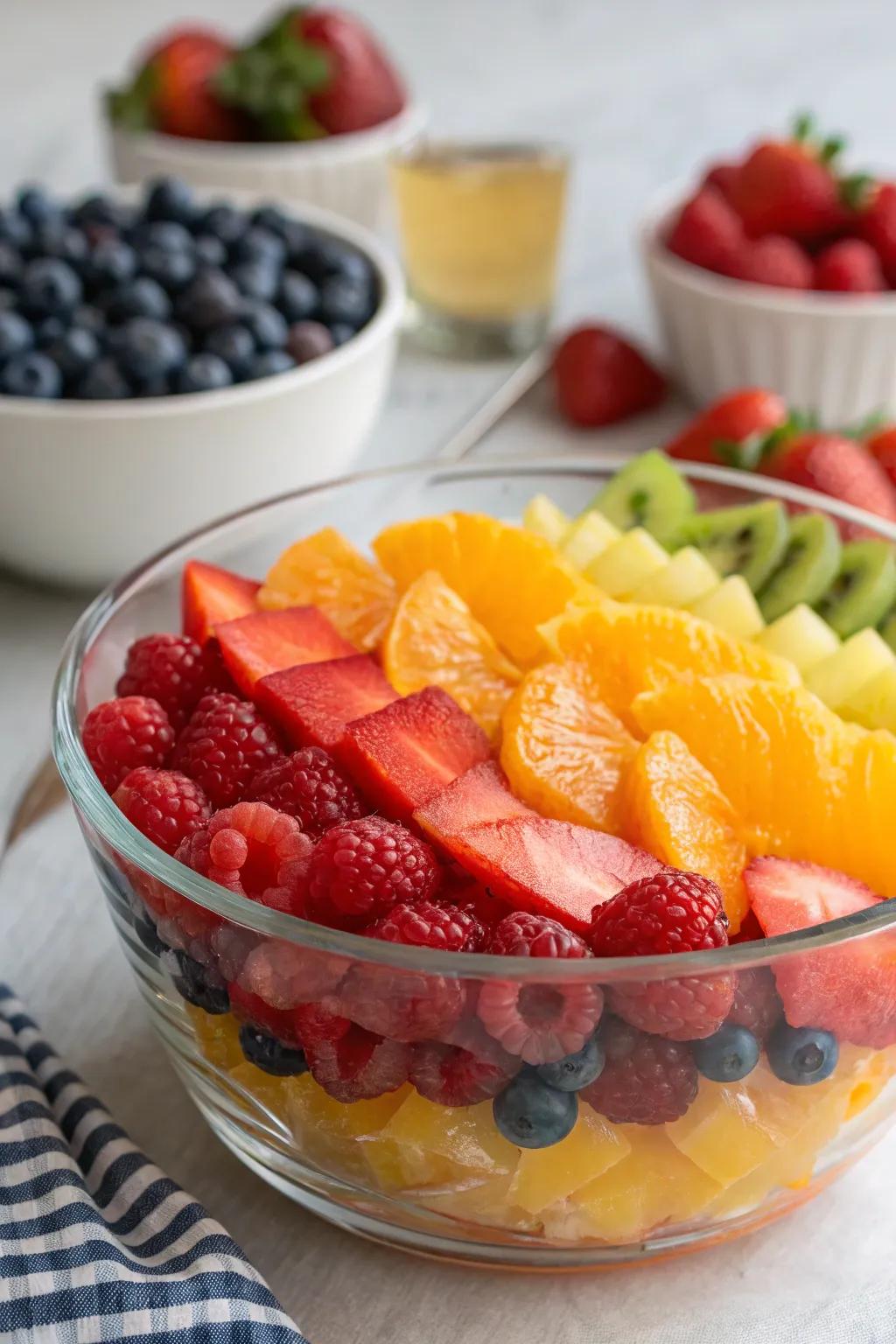 This fruit salad is both gorgeous and appealing because of the rainbow of colors.