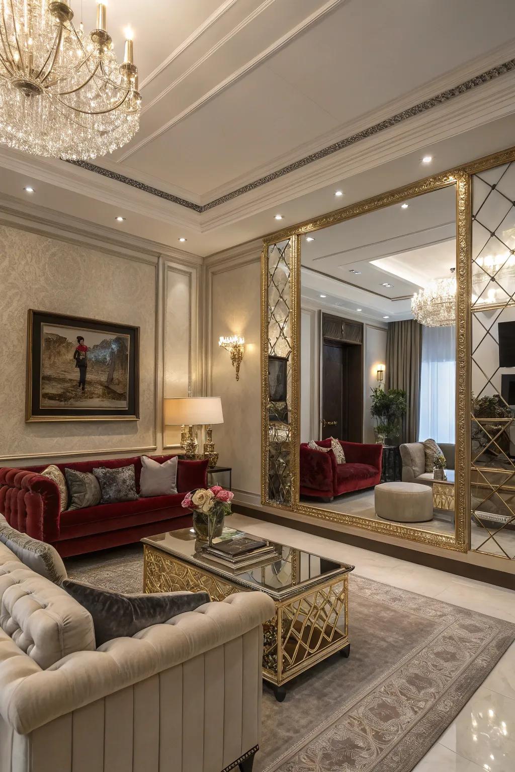 Introduce an element of elegance with a stunning mirrored wall.