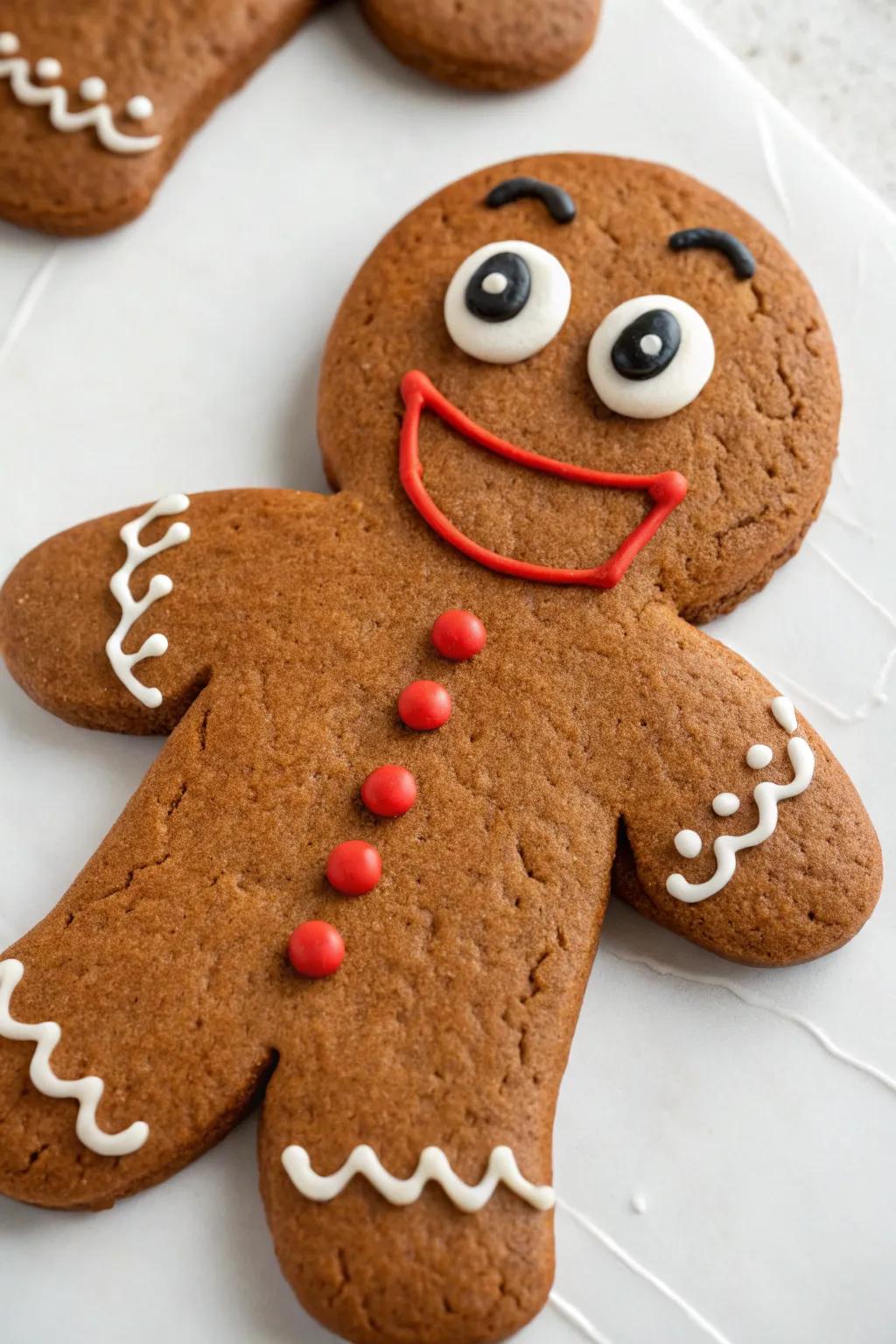 A gingerbread person donning an amusing expression sure to bring a smile to your face.