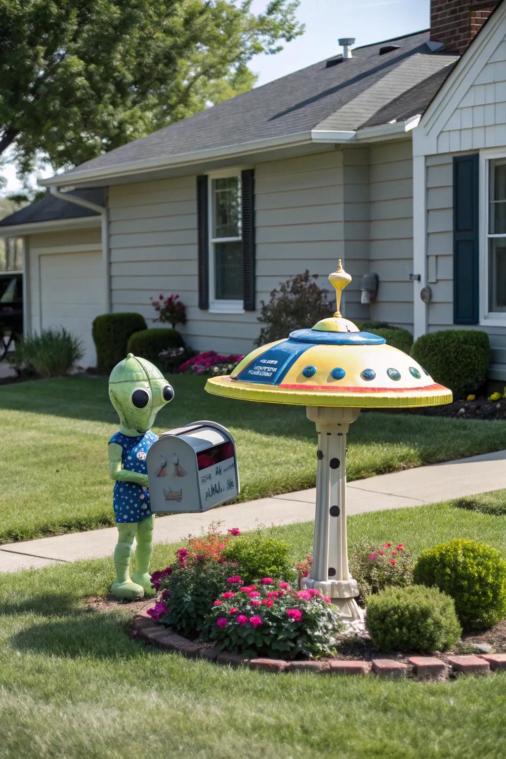 A starship mailbox geared up for liftoff, accompanied by an extraterrestrial co-pilot.