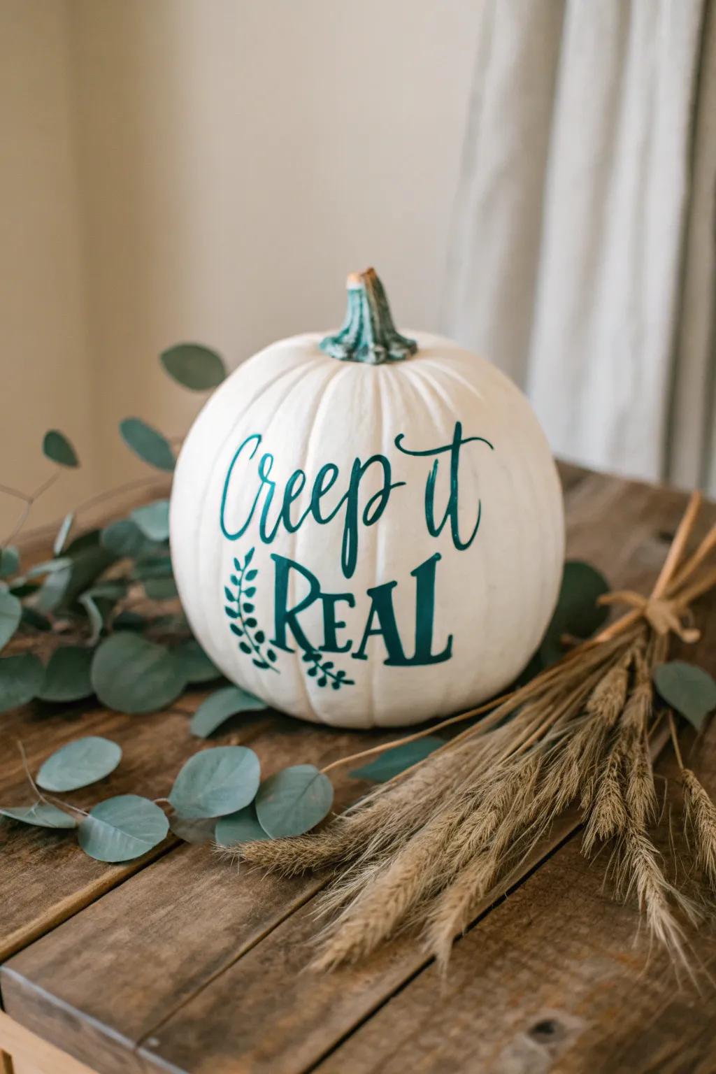 Enliven your autumn decorations with amusing painted pumpkins like 'Creep it Real' — a seamless fusion of humor and style!