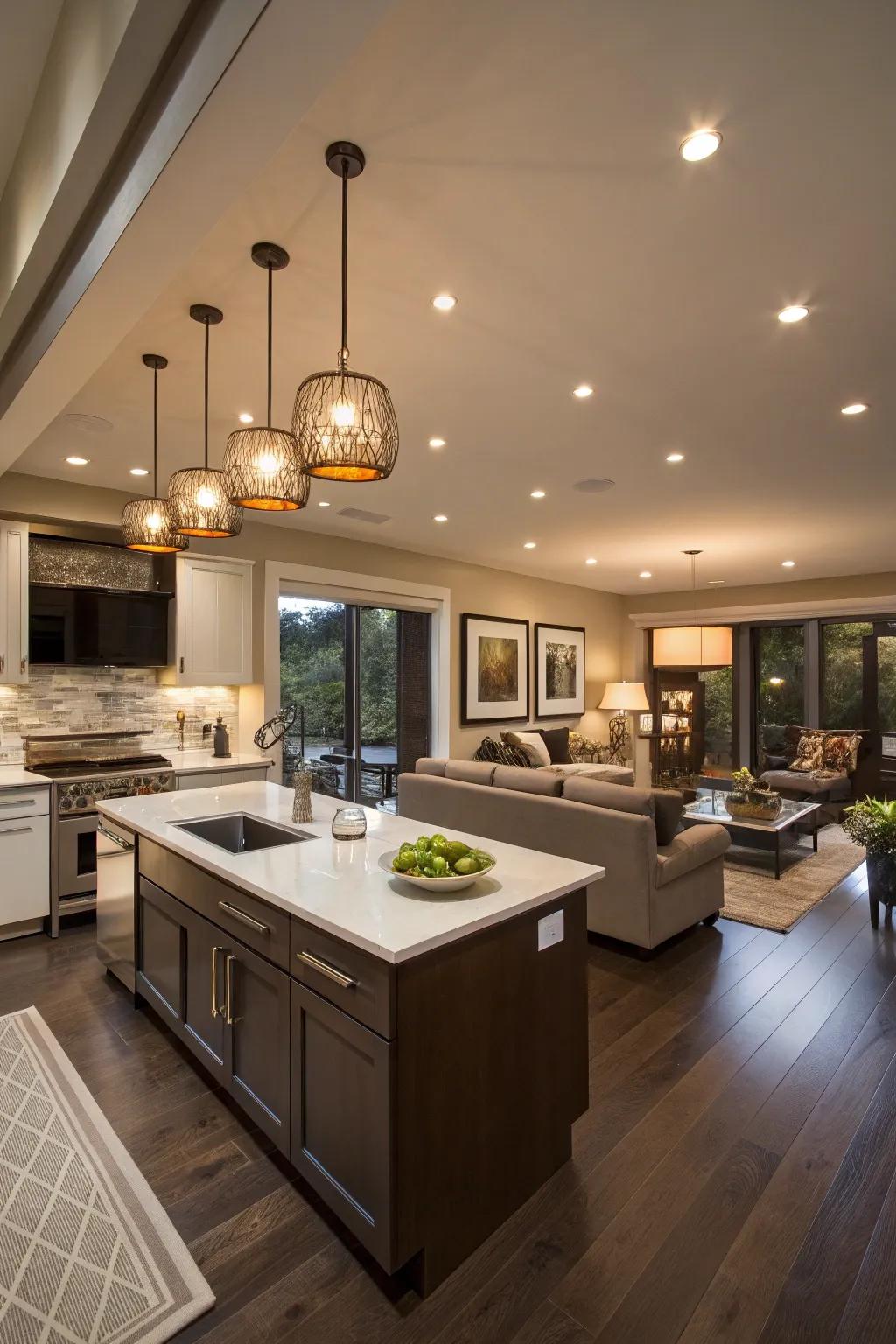 Lighting solutions highlight individual zones while preserving overall harmony.