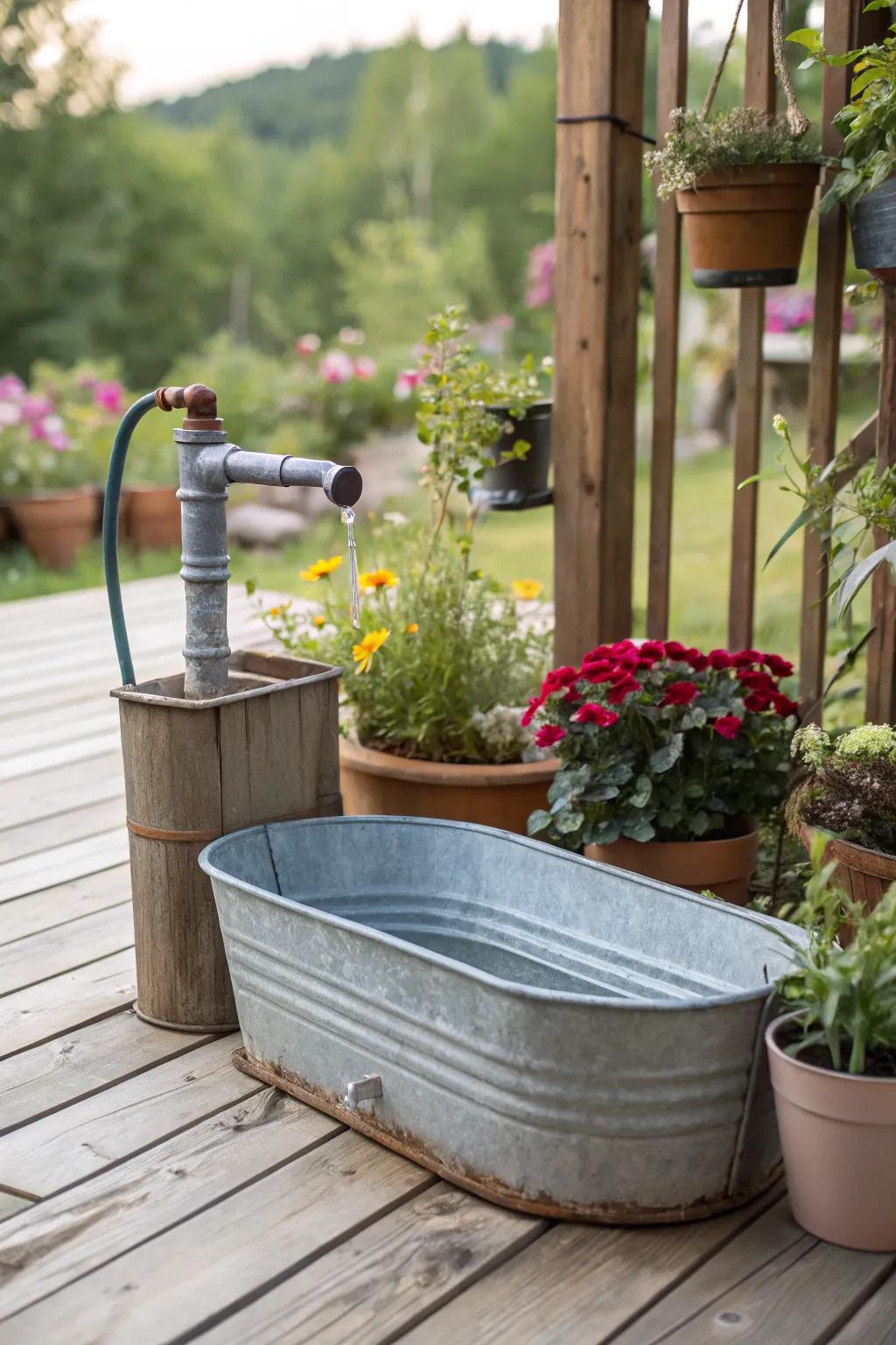 A charming patio water accent featuring a galvanized container and spout.