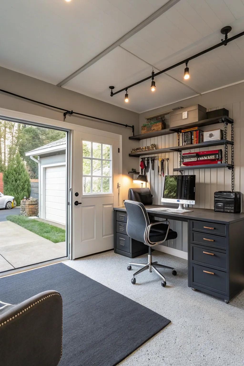 A garage serving as a functional home office.