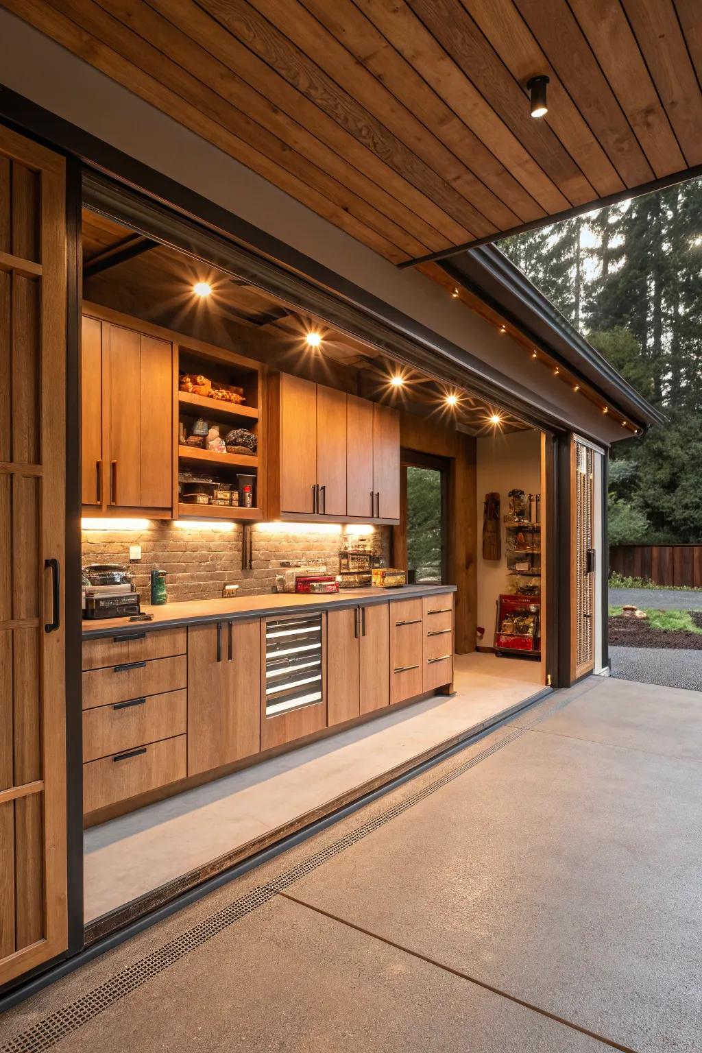 Natural hues add a warm and inviting vibe to this garage area.