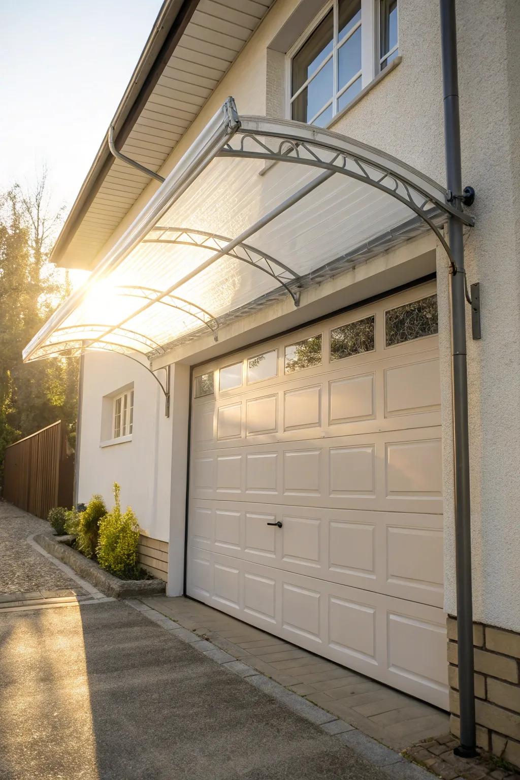 Up-to-date polycarbonate panel overhead cover featuring light-diffusing qualities.