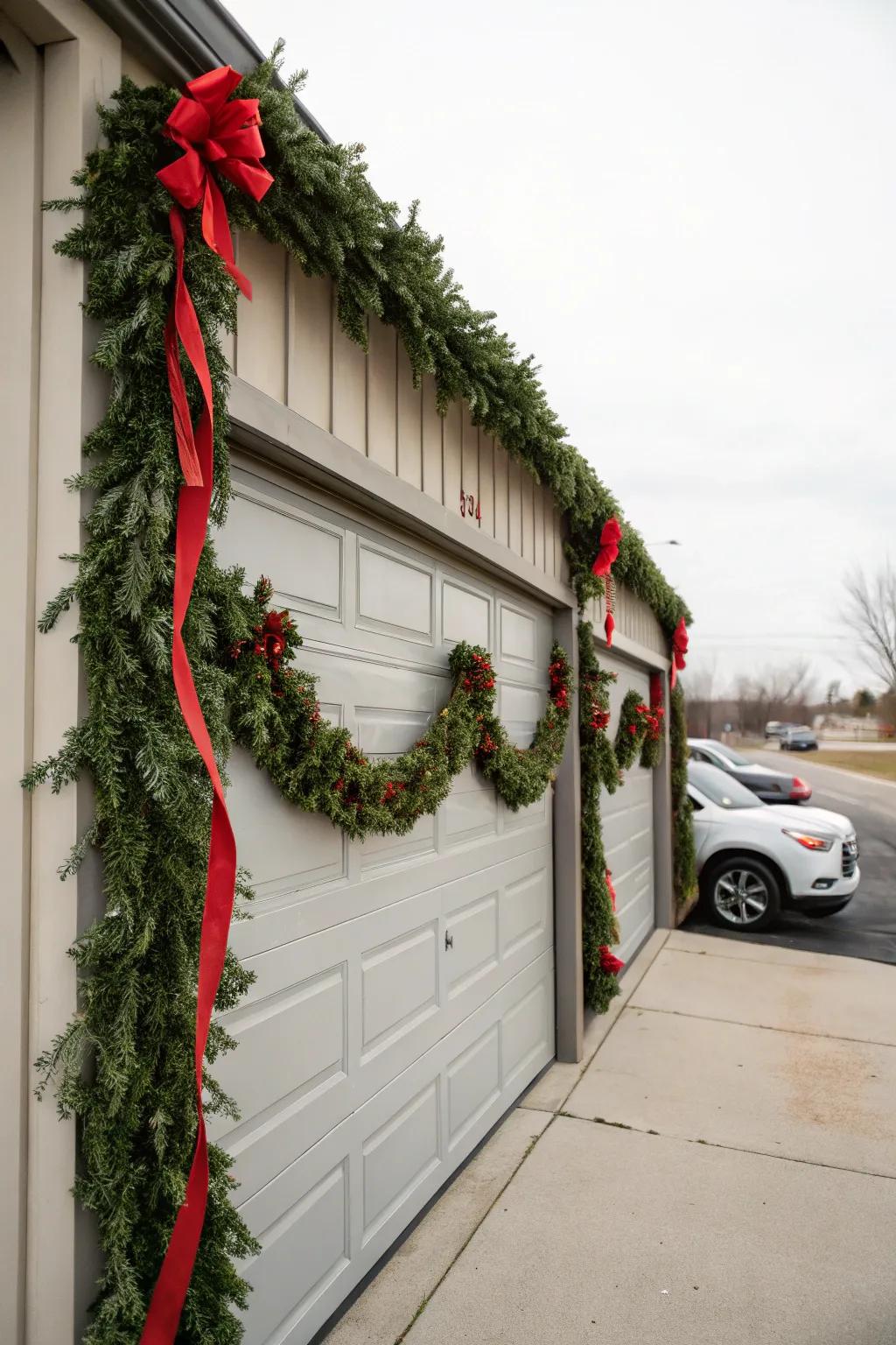 Garage door decorated with traditional garlands and red ribbons.