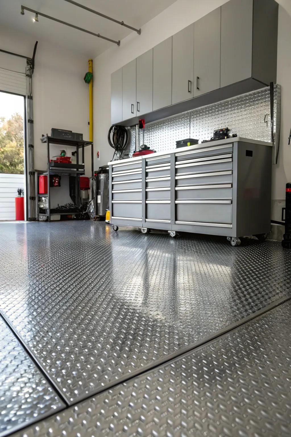 Achieve an industrial aesthetic with diamond plate tiles.