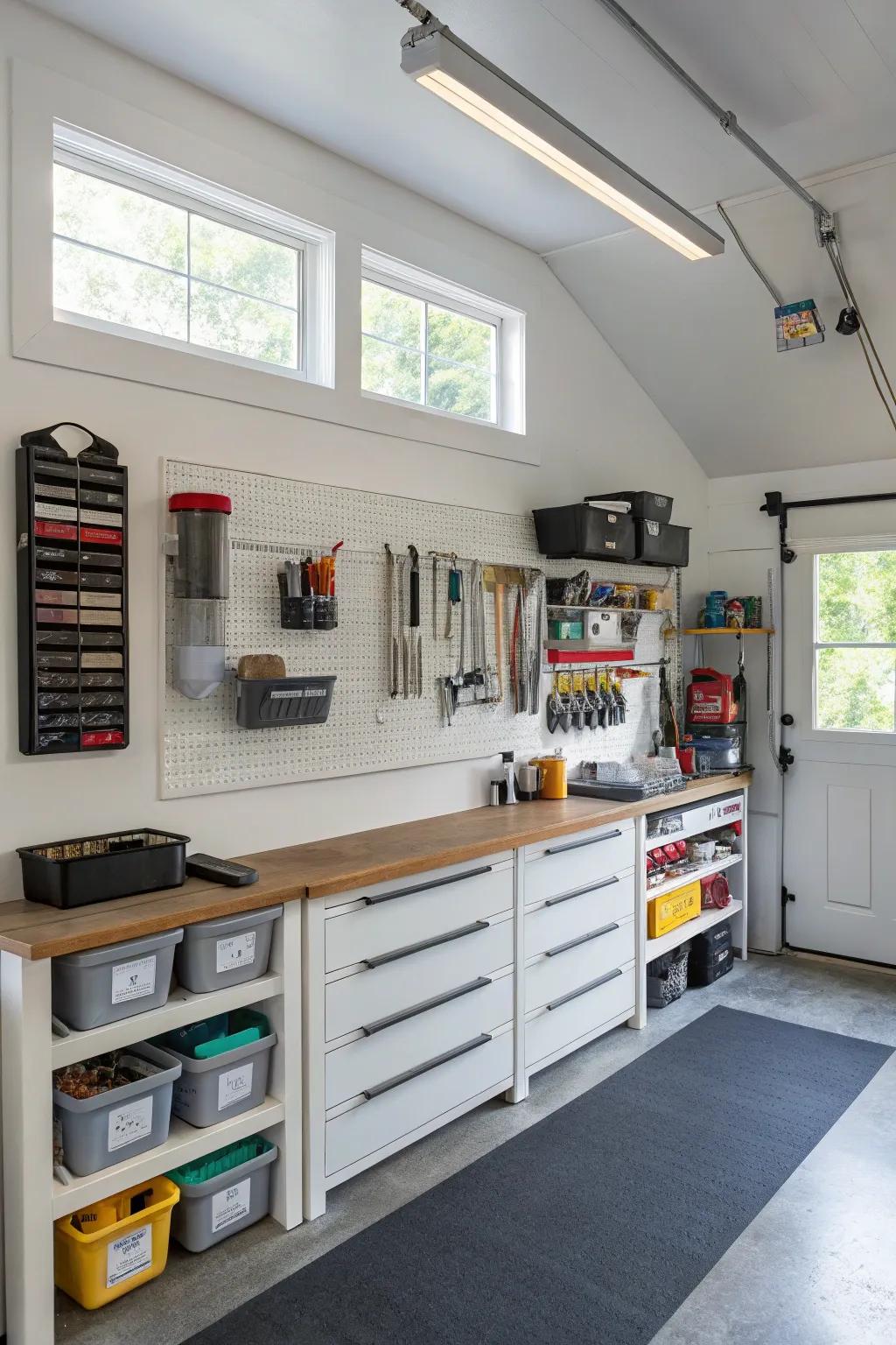 Clever storage keeps your garage office efficient and tidy.
