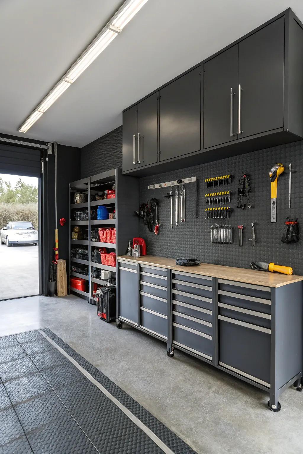Charcoal gray brings an element of industrial sophistication to your garage's design.