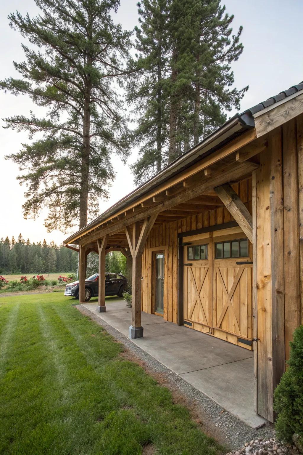 A timber overhang contributes charm and practicality to a garage.