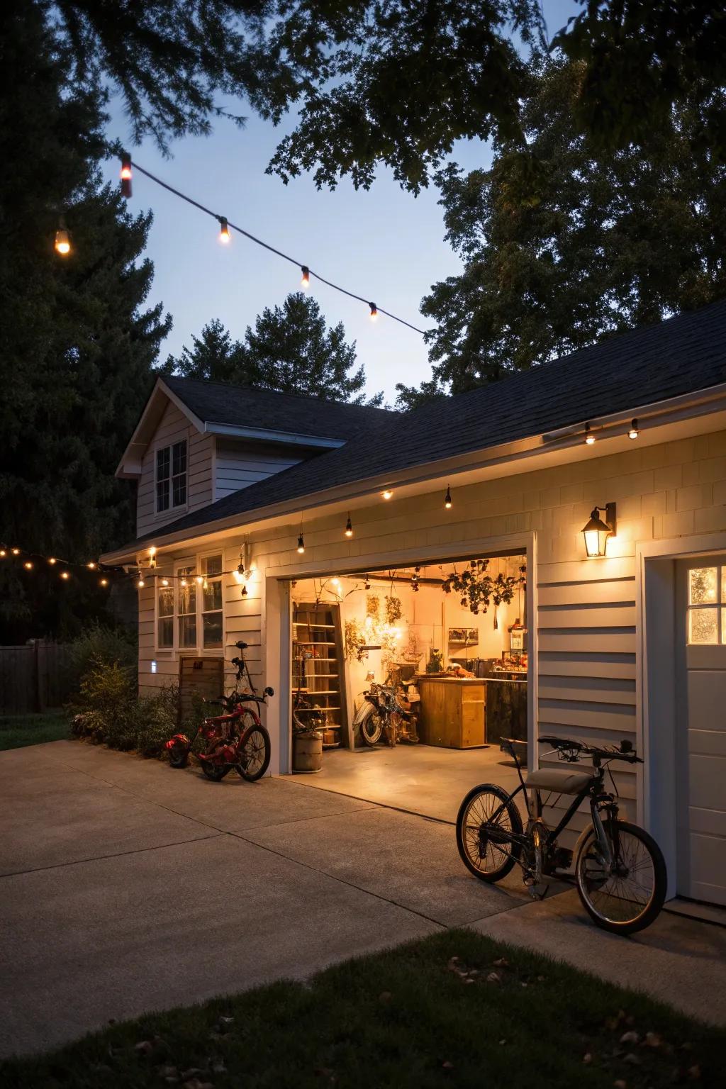 Garage lighting enhances curb appeal in the evening.