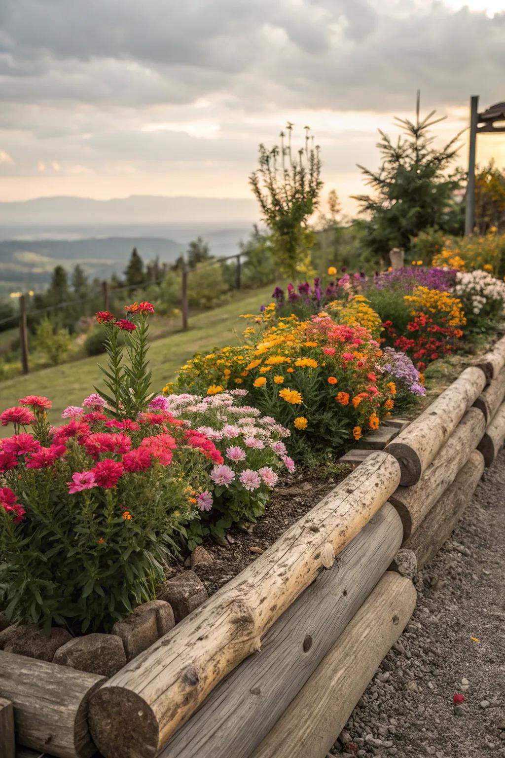 Wooden log edging adds a natural feel to garden borders.