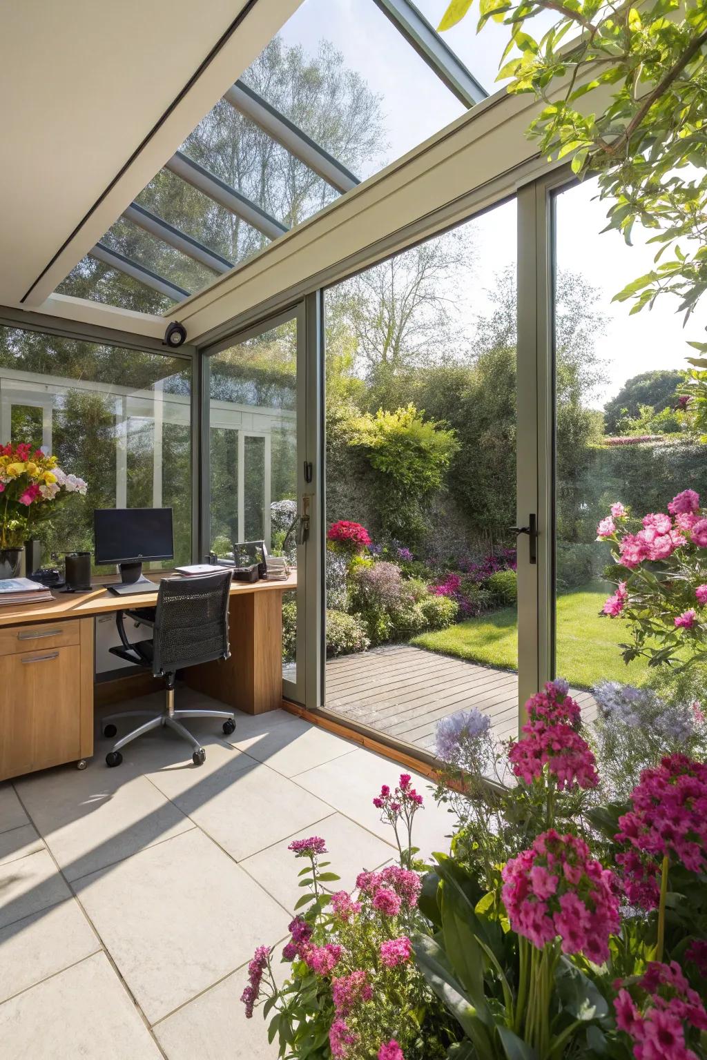 A sun-drenched garden office featuring glass walls, offering a bright and airy ambiance.