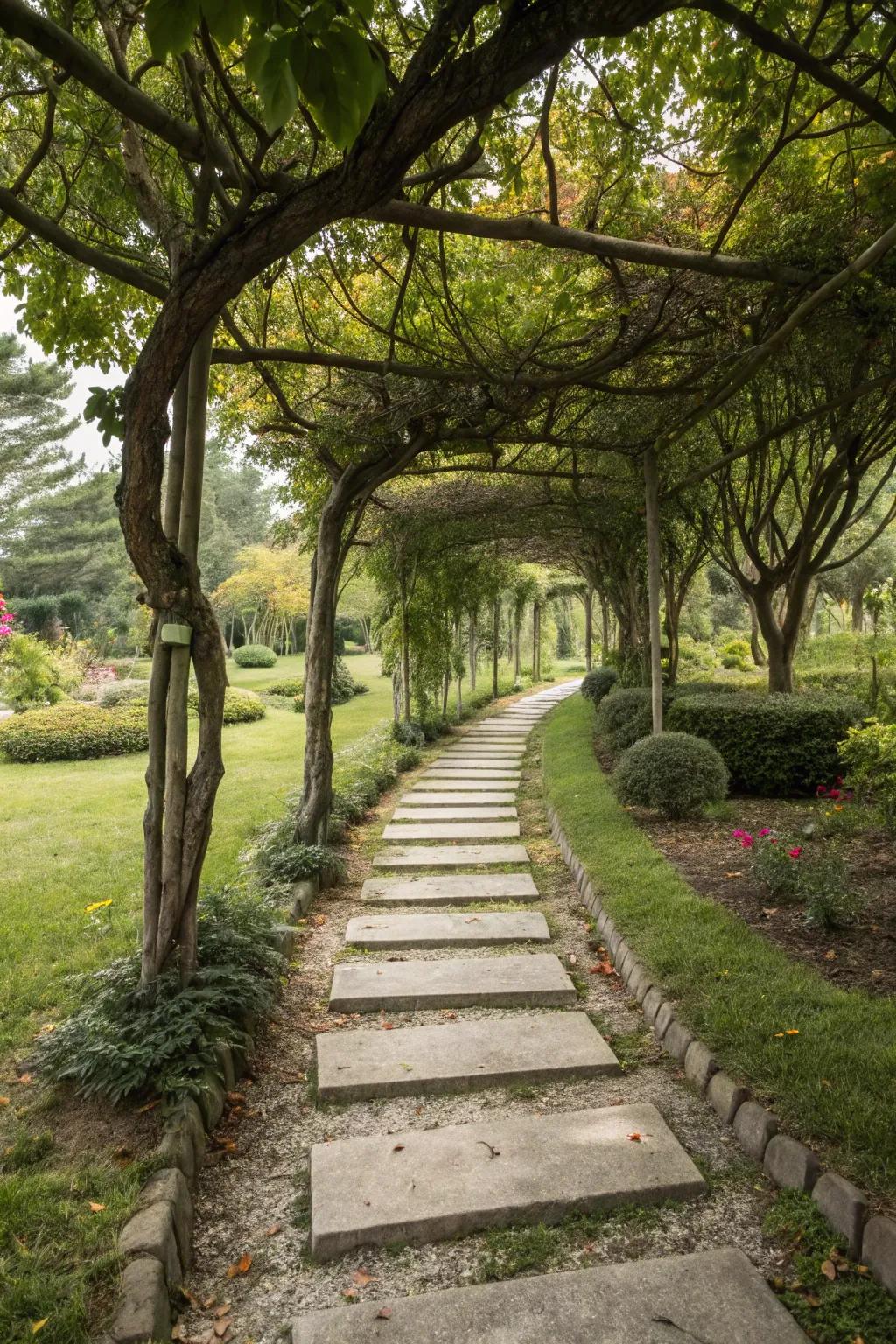 An idyllic walkway enhanced by trees and stepping stones.