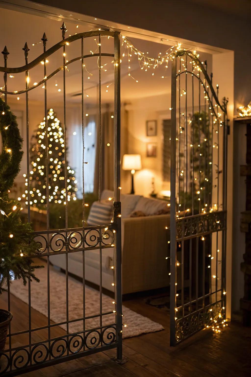 A gate beautifully illuminated for the night.
