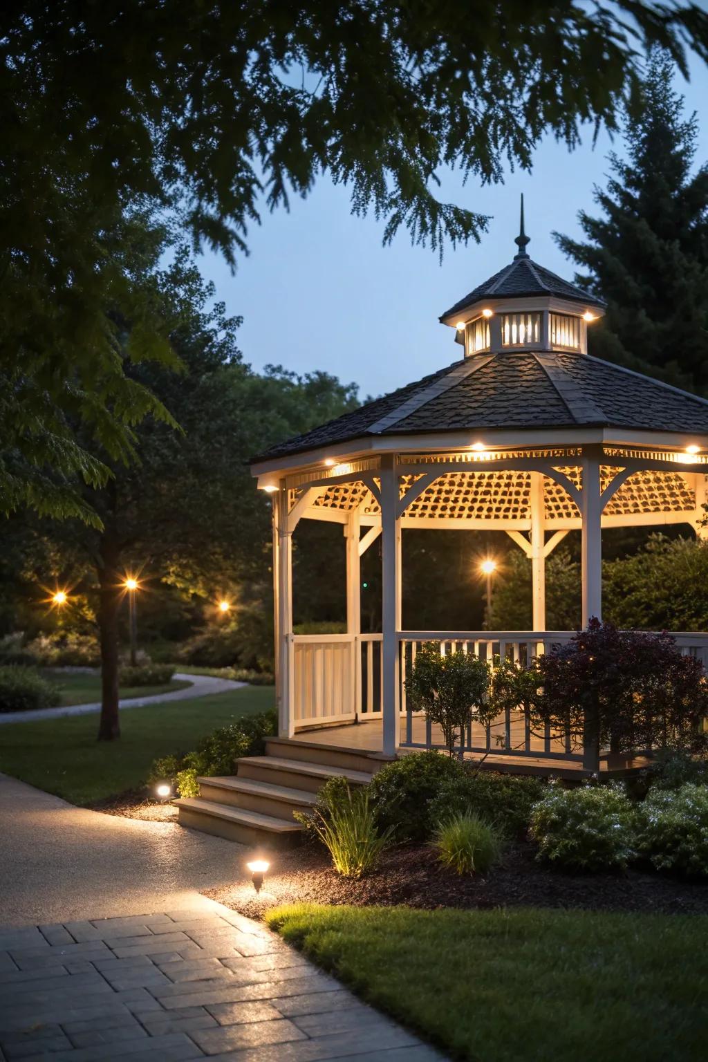 Emitting diode spots highlighting the gazebo's structure.