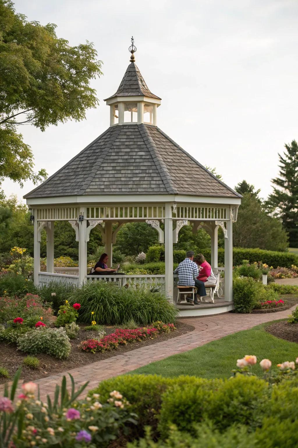 A traditional pitched-roof gazebo set for family gatherings.