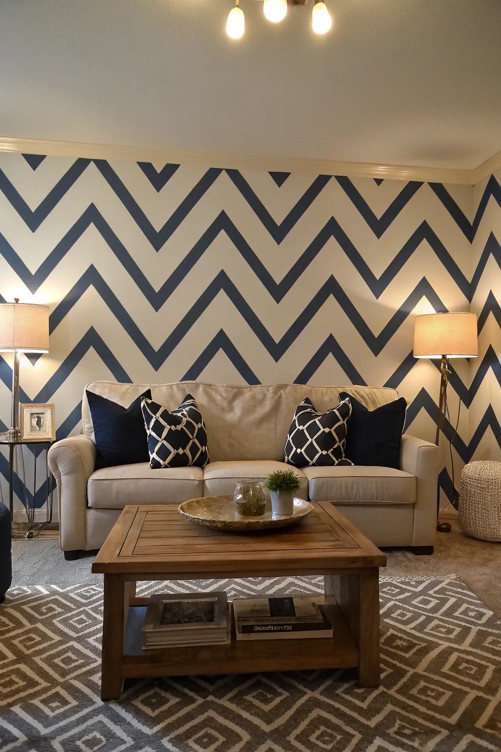 A living room featuring dynamic chevron geometric wall designs.