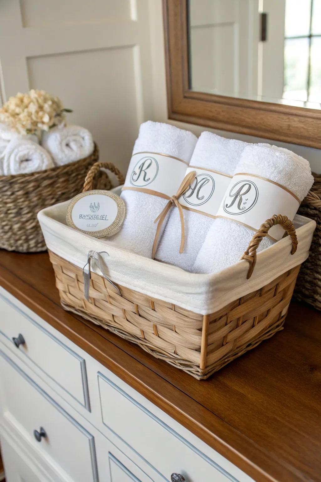 A customized gift basket featuring monogrammed items.