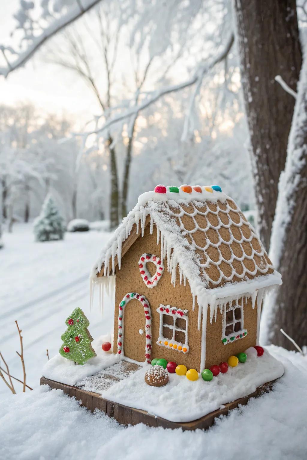 Frosting pendants bring a wintry charm to gingerbread houses.