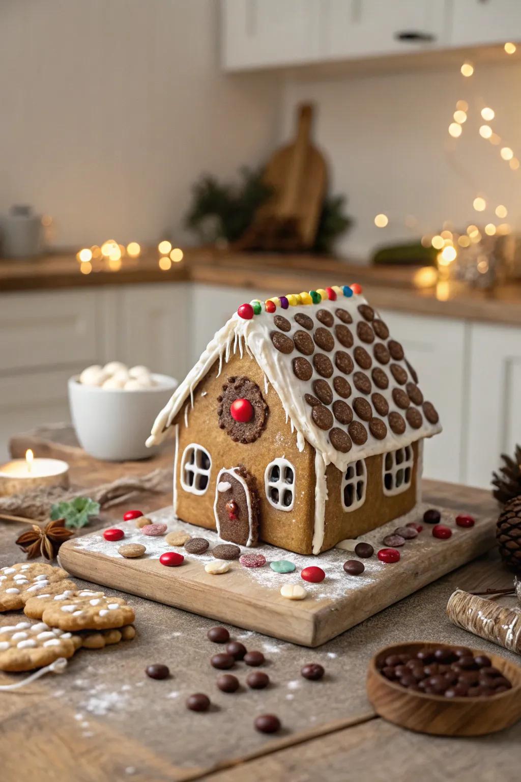 A gingerbread rooftop tiled with cacao discs.